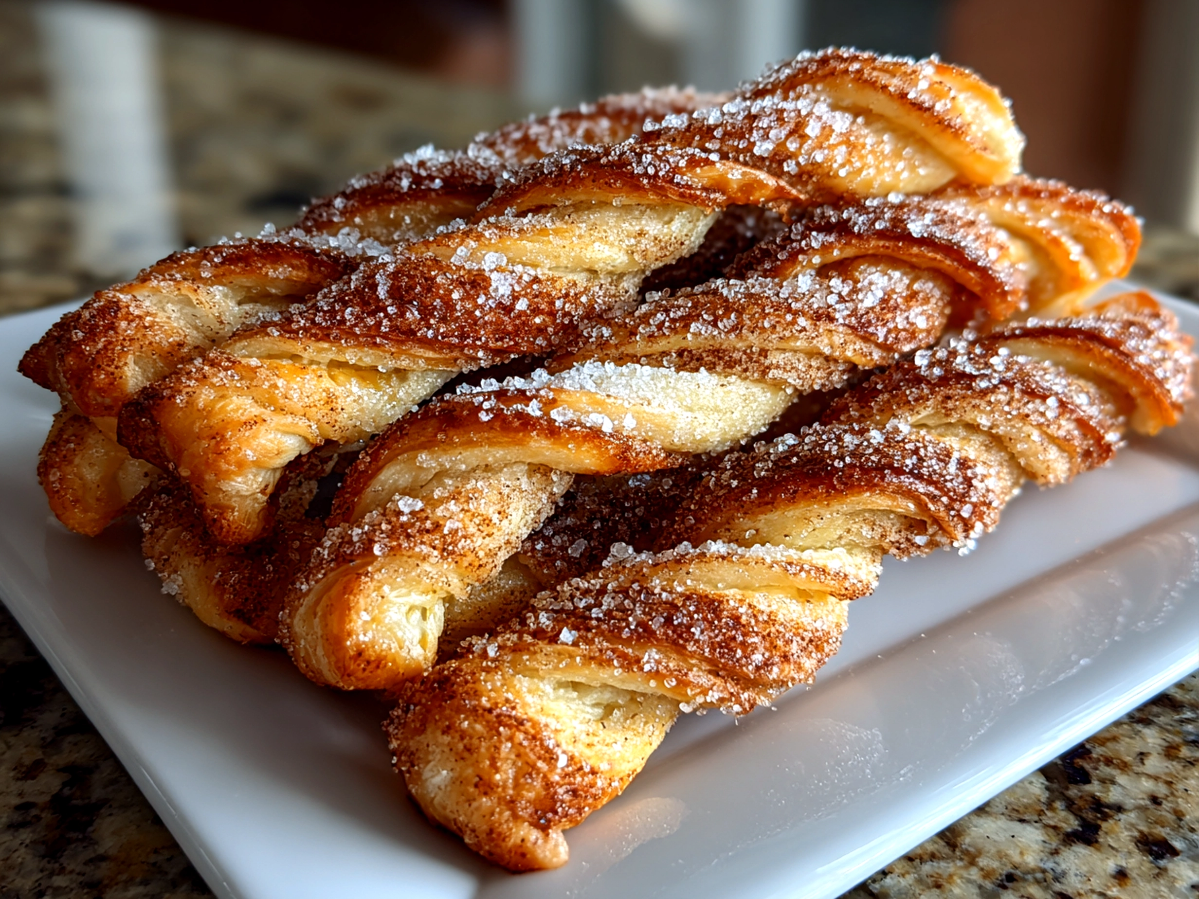 Homemade sourdough discard cinnamon sugar twists fresh on white plate