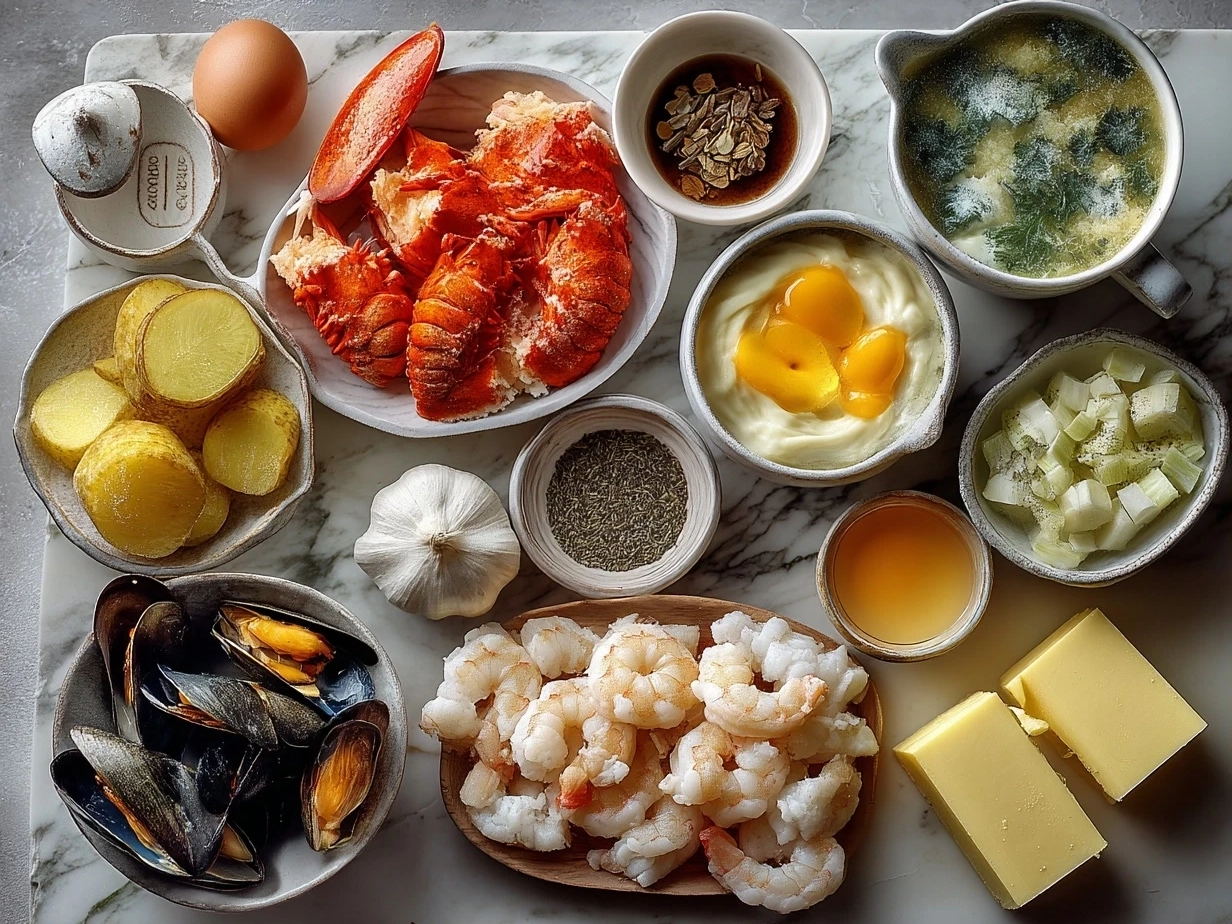 Ingredients for seafood chowder on marble surface