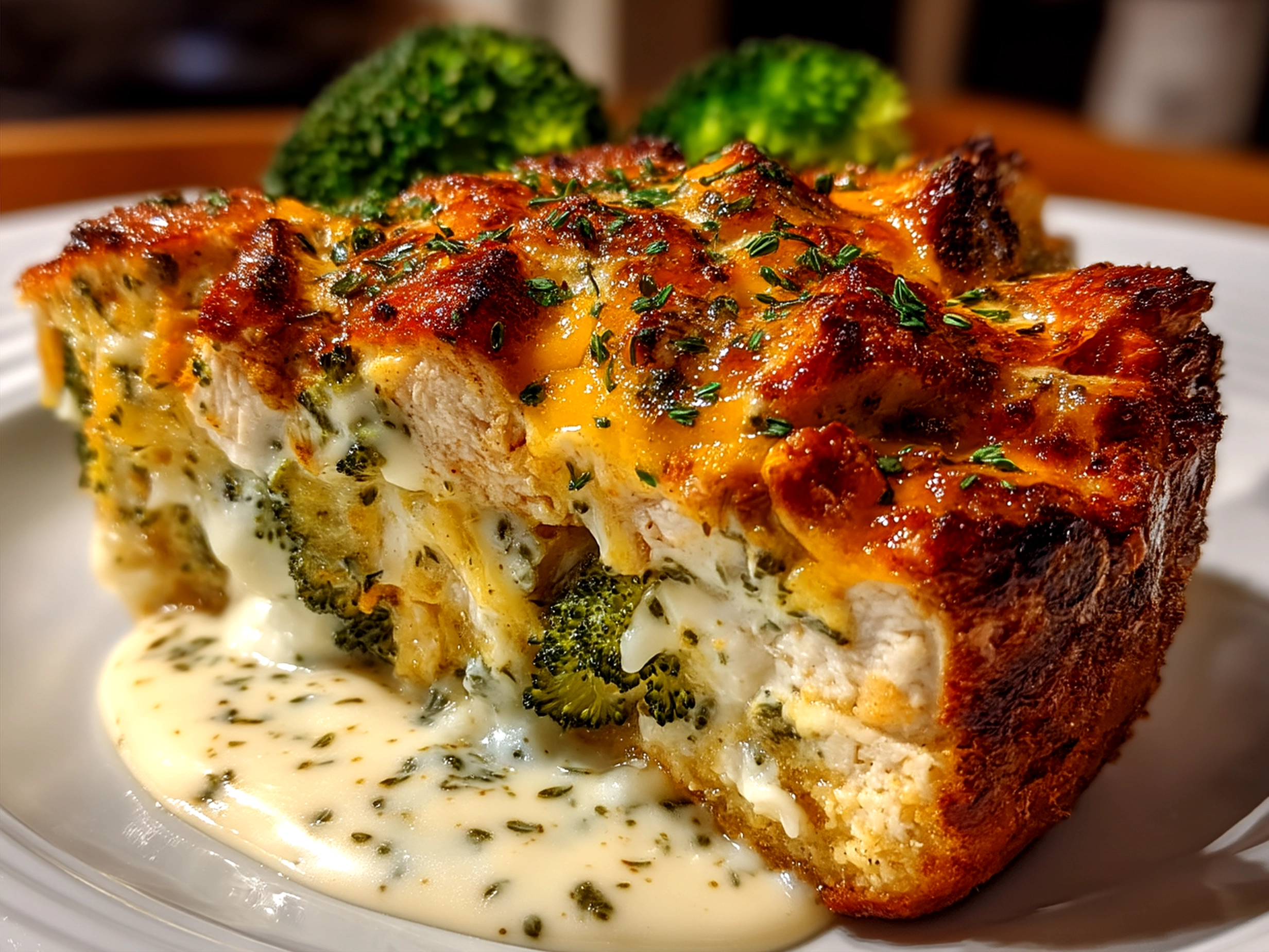 Keto Cheesy Crockpot Chicken and Broccoli Casserole served in a bright ceramic dish garnished with chopped green onions