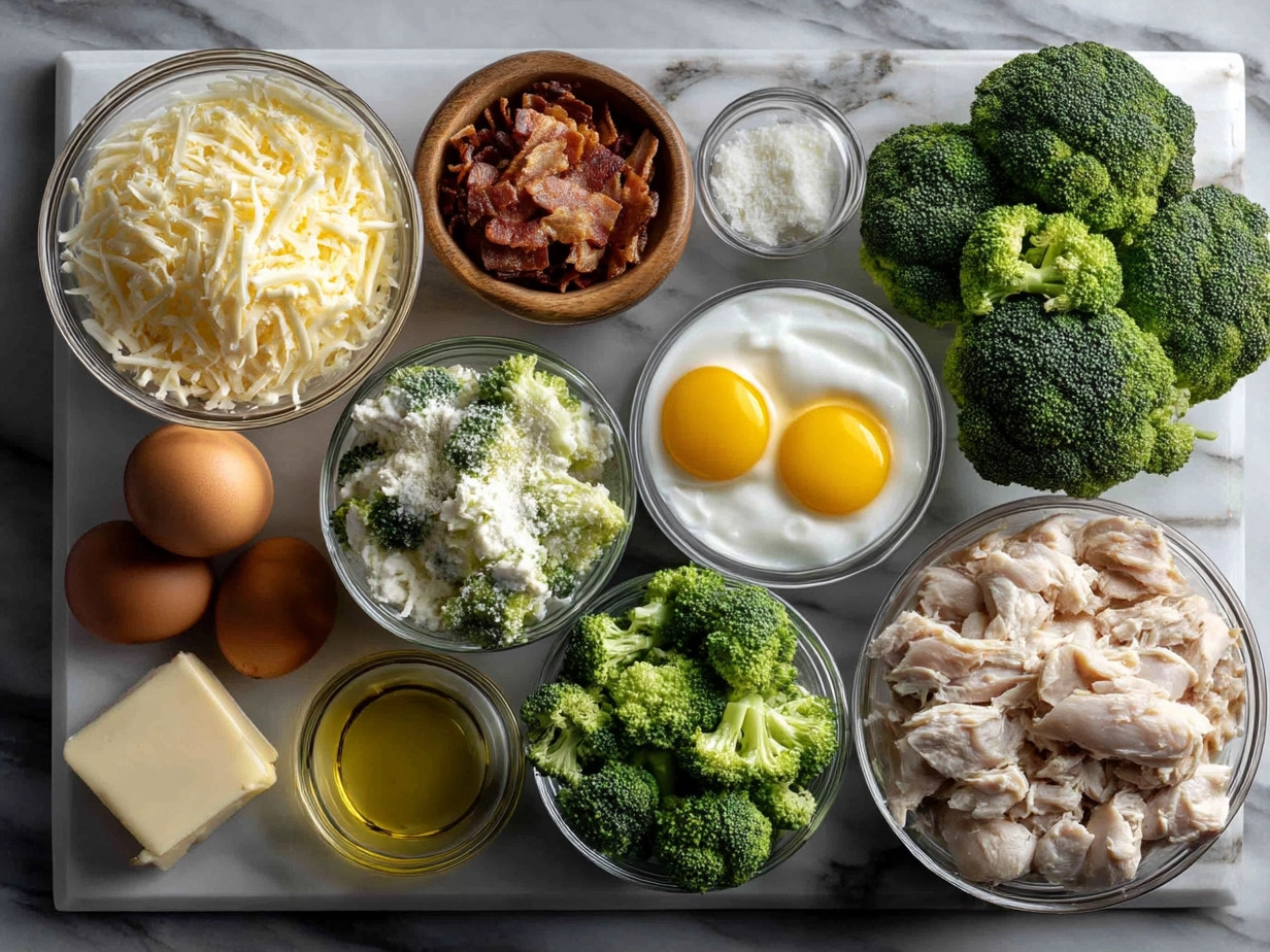 Ingredients for Keto Cheesy Crockpot Chicken and Broccoli Casserole laid out on a table