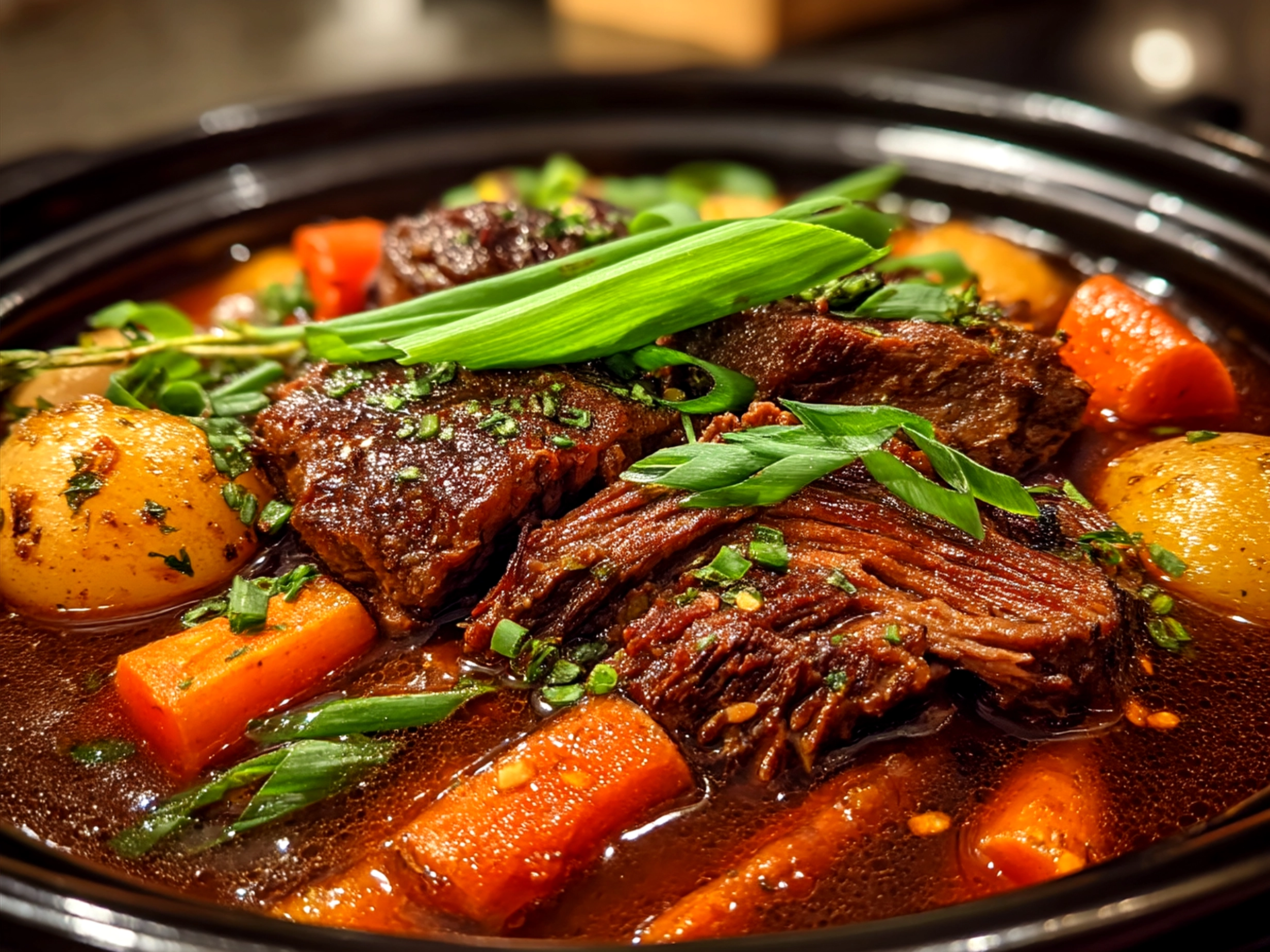 A plate of Korean Pot Roast served with vegetables, garnished with green onions and sesame seeds