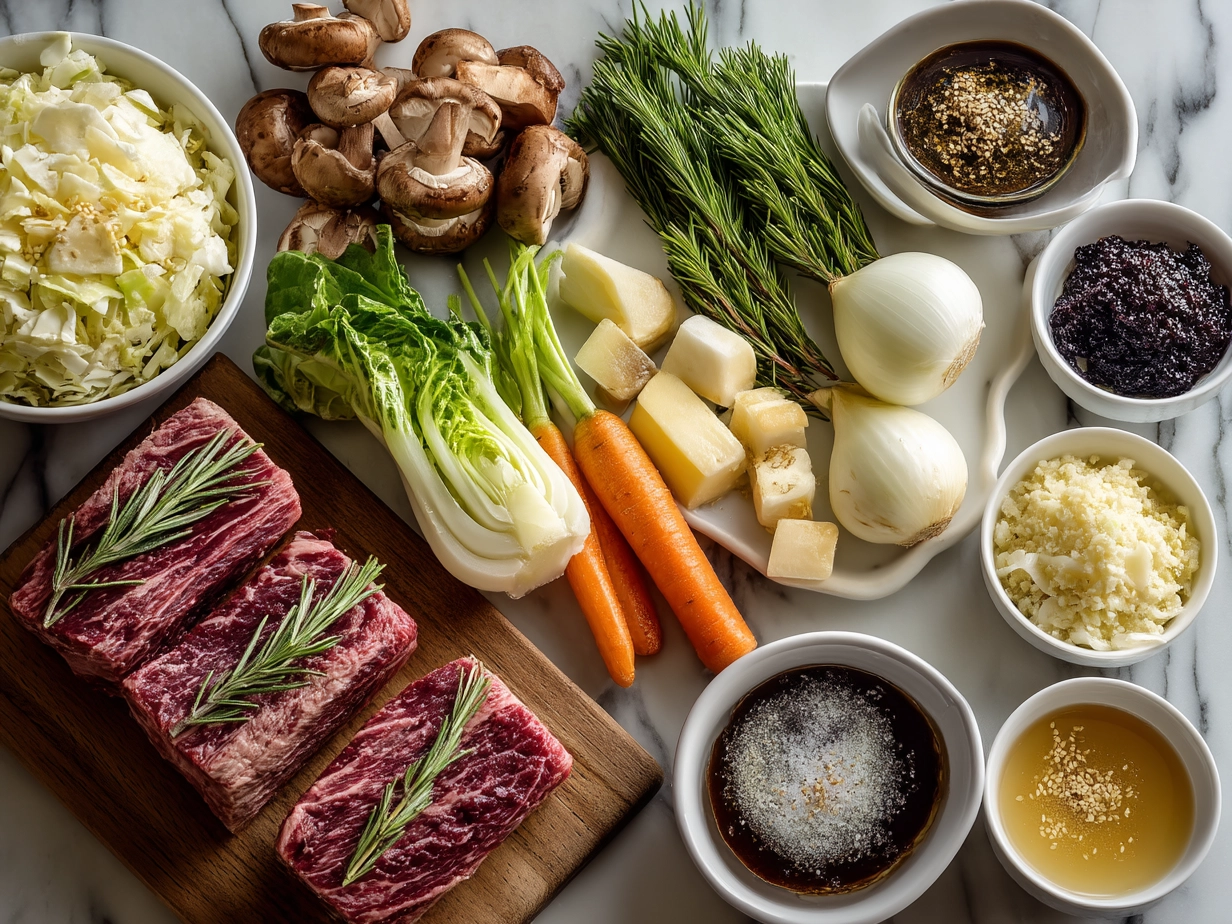 Ingredients for Korean Pot Roast including beef chuck roast, onions, garlic, ginger, soy sauce, brown sugar, and vegetables