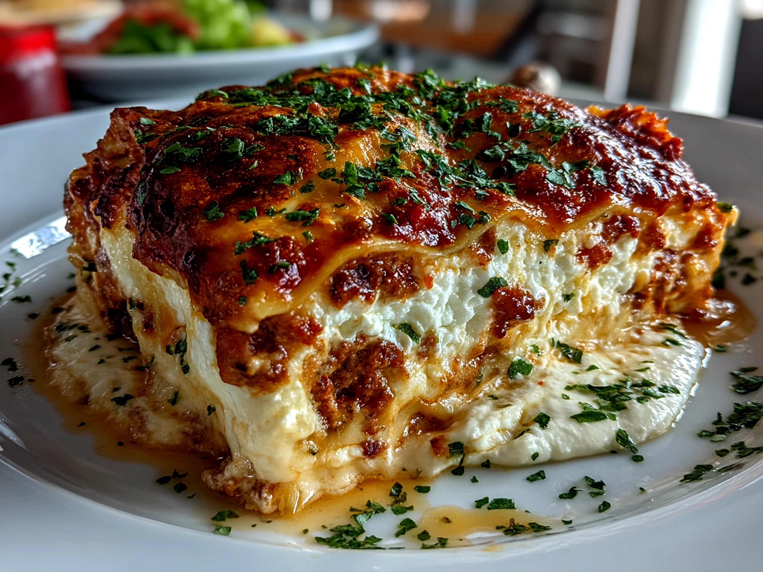 Freshly baked Lasagna with Ricotta Cheese garnished with basil on a serving plate