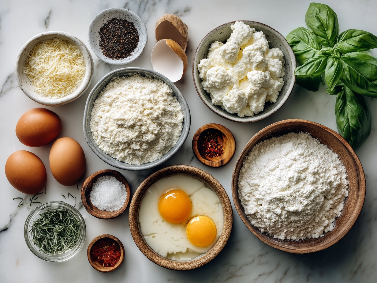 Ingredients for Lasagna with Ricotta Cheese including noodles, ricotta, mozzarella, parmesan, eggs, and marinara sauce