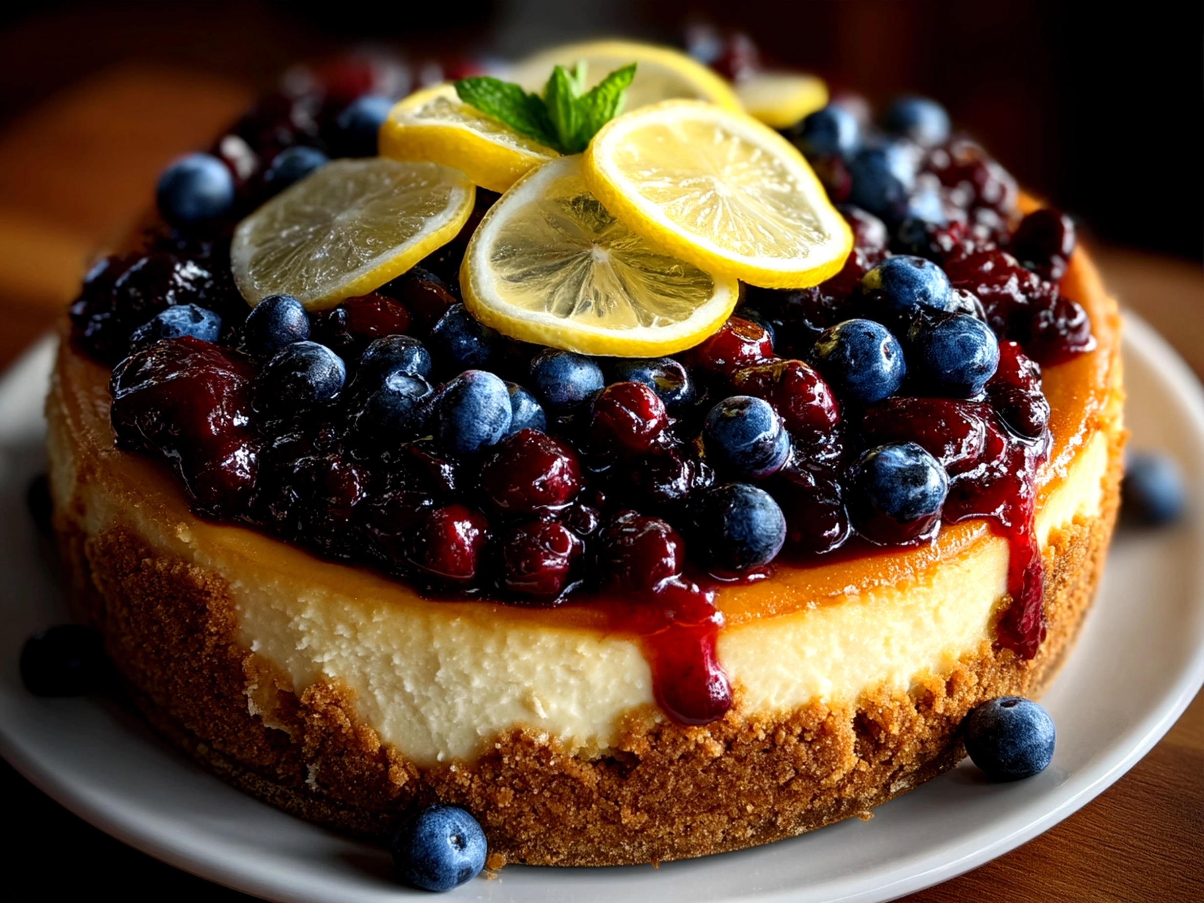 Lemon Blueberry Cheesecake garnished with whipped cream and lemon zest ready to serve