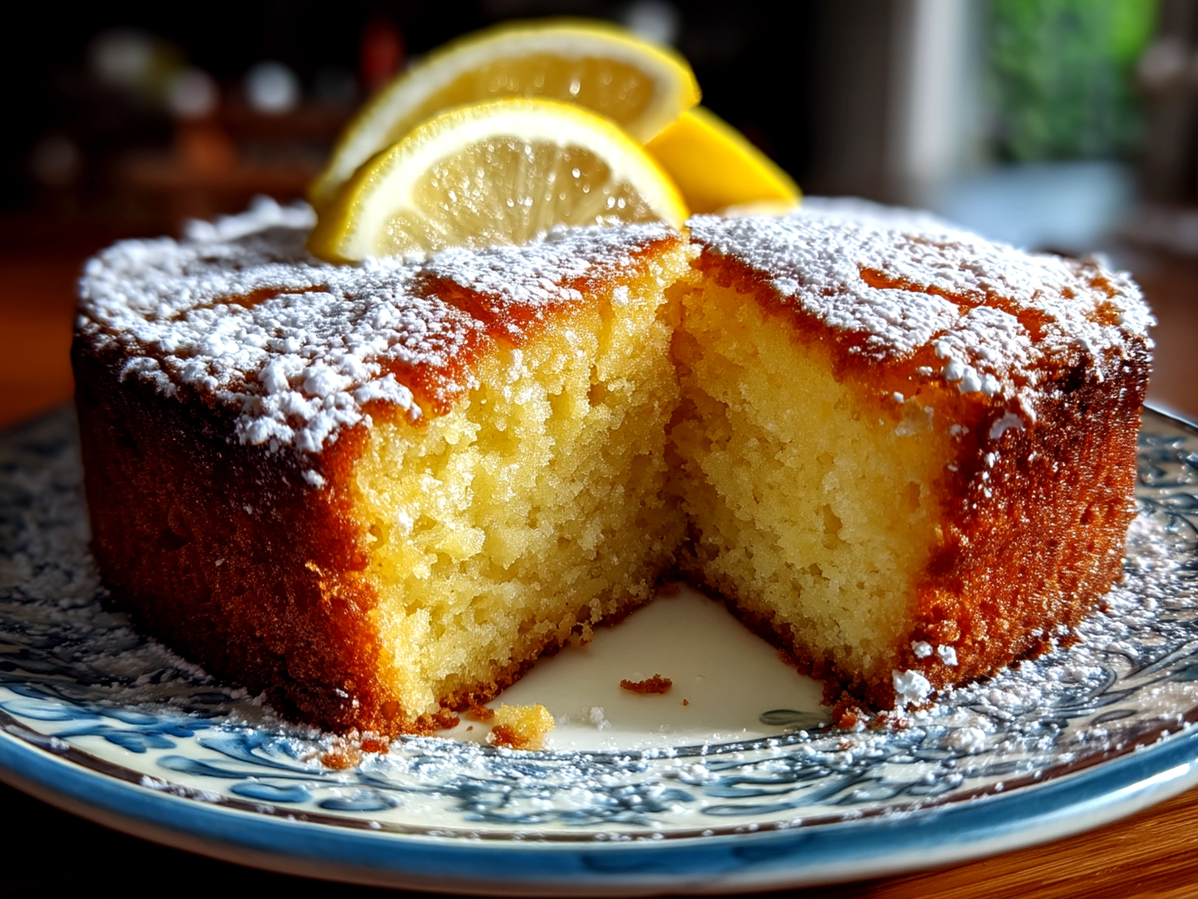 Slice of Limoncello Cake served on a plate with berries and cream