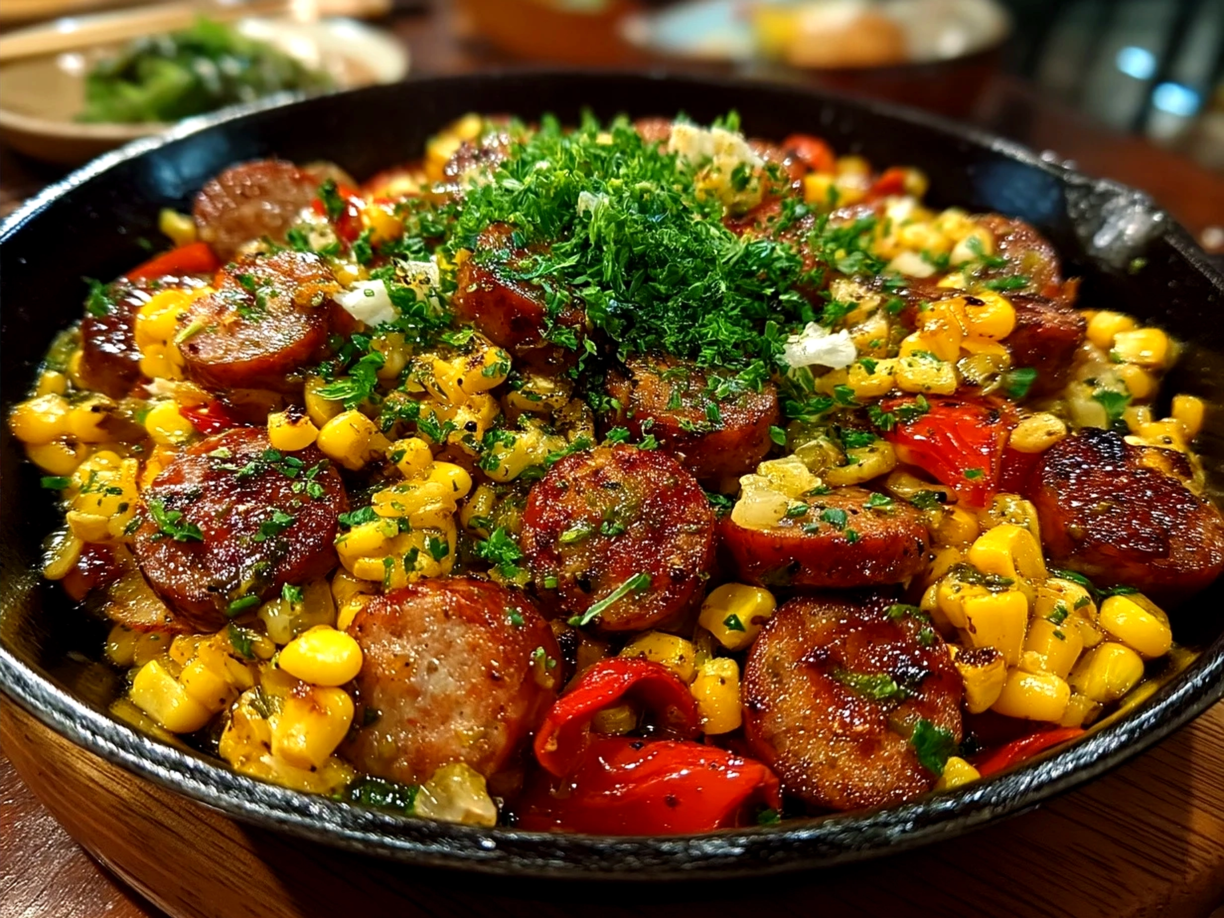 Maque Choux With Sausage Corn served in a warm skillet garnished with fresh herbs