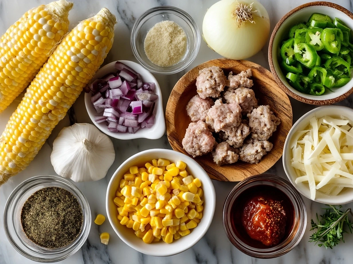 Ingredients for Maque Choux With Sausage Corn including corn kernels, smoked sausage, vegetables, and spices