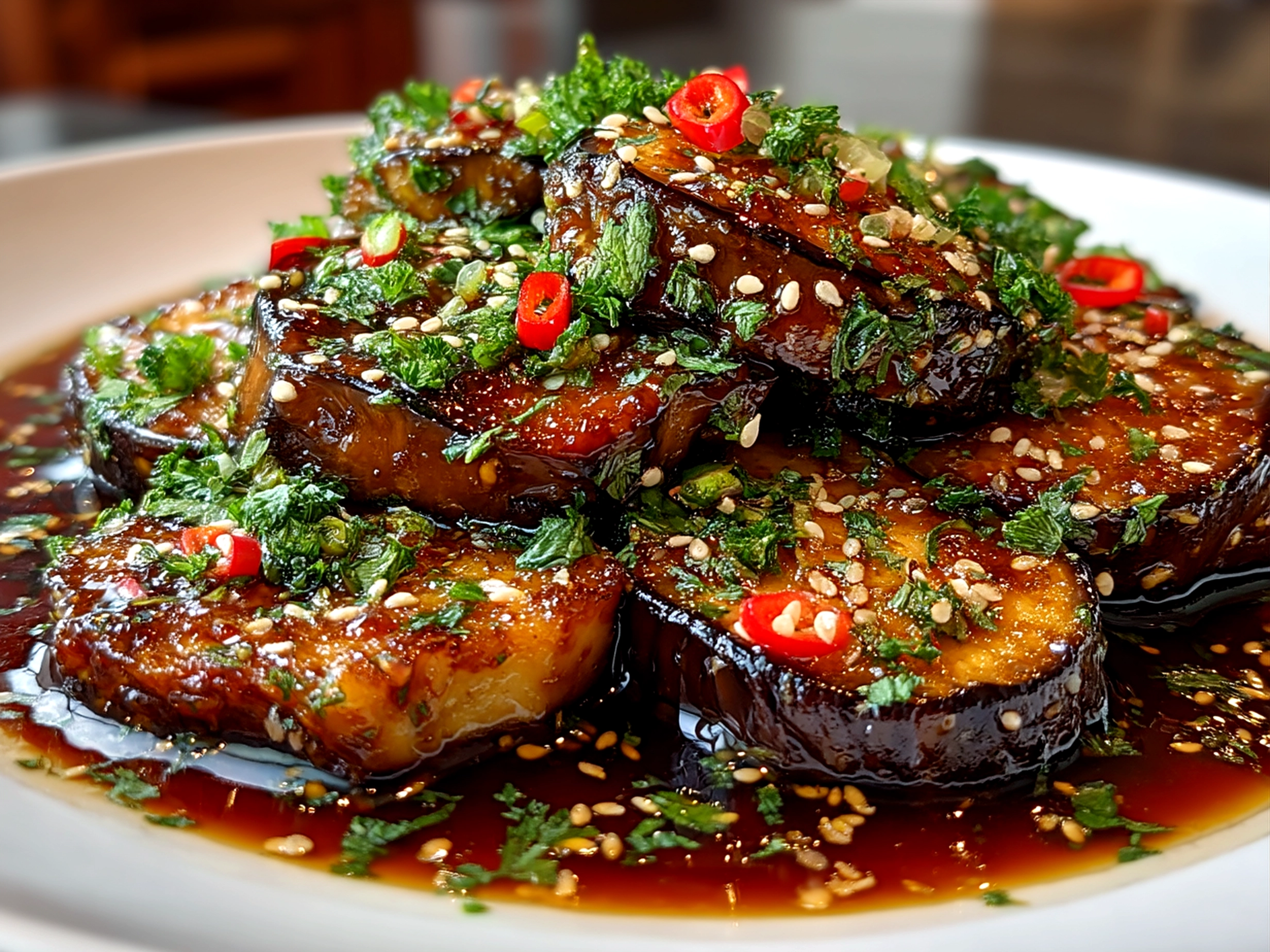 Plated Miso Glazed Eggplant served over rice with garnish