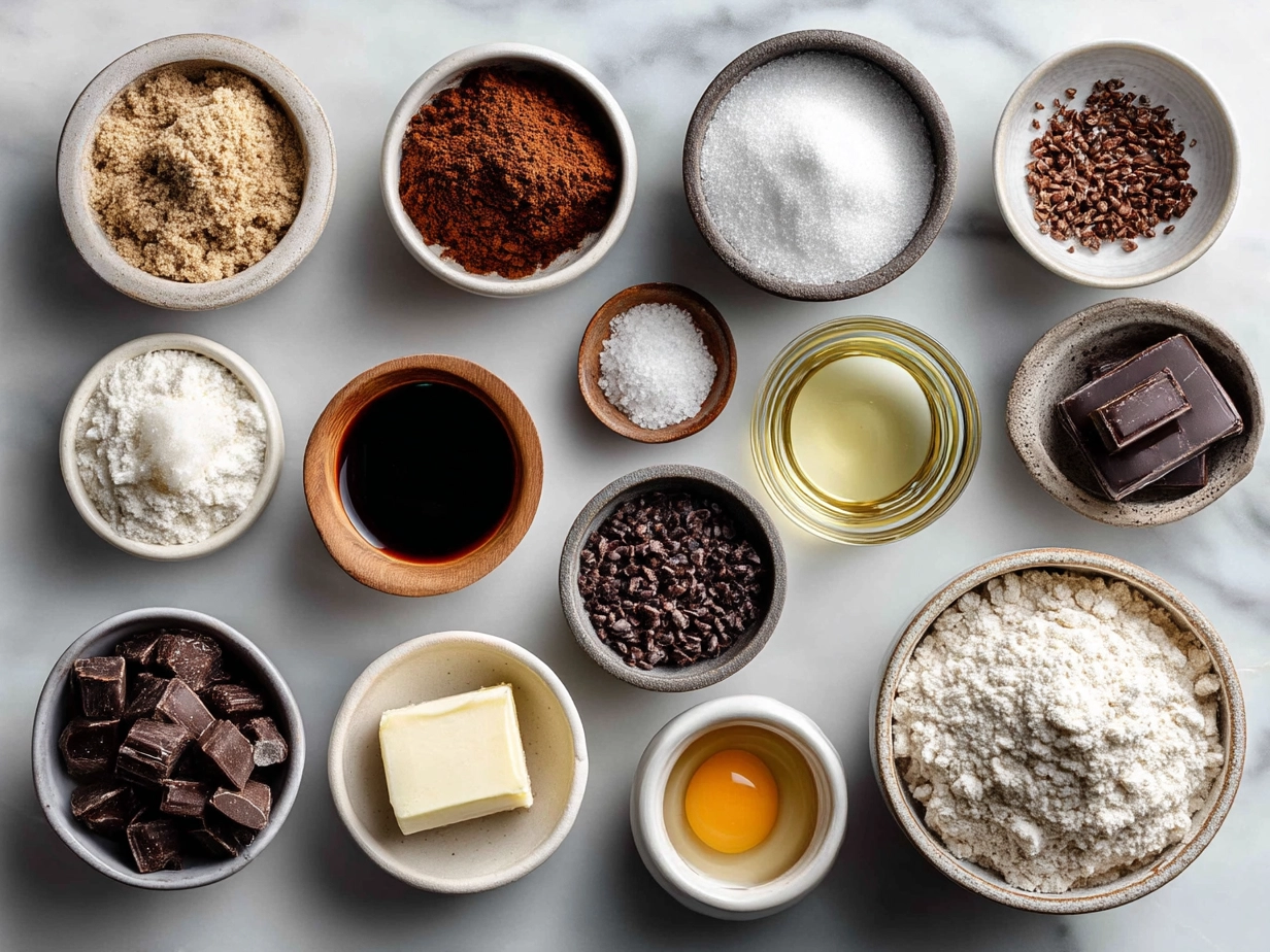 Ingredients for No-Bake Brownies showing oats, peanut butter, cocoa powder, and chocolate chips