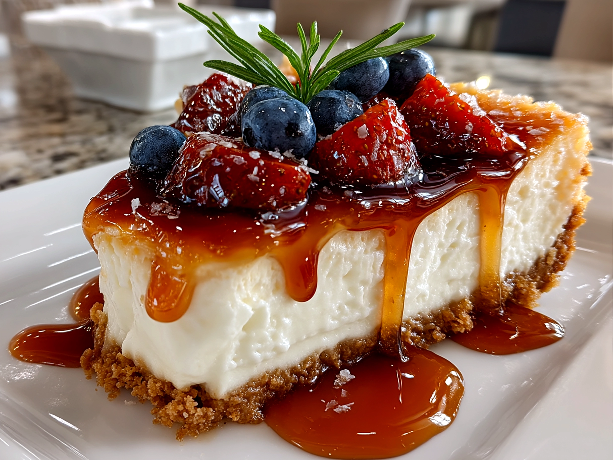 No-Bake Greek Yogurt Jello Cheesecake slice topped with fresh berries