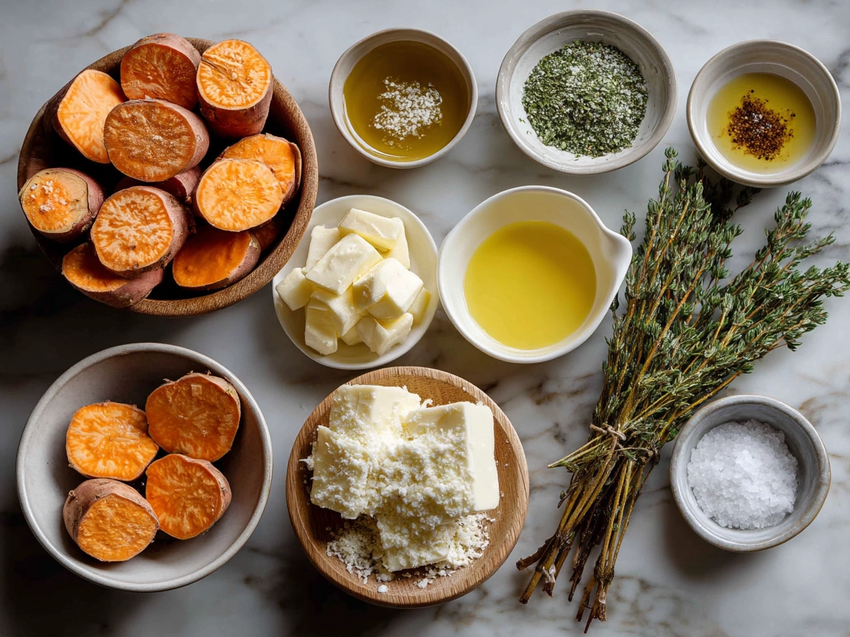 Ingredients for Parmesan Herb Sweet Potato Medallions arranged in bowls