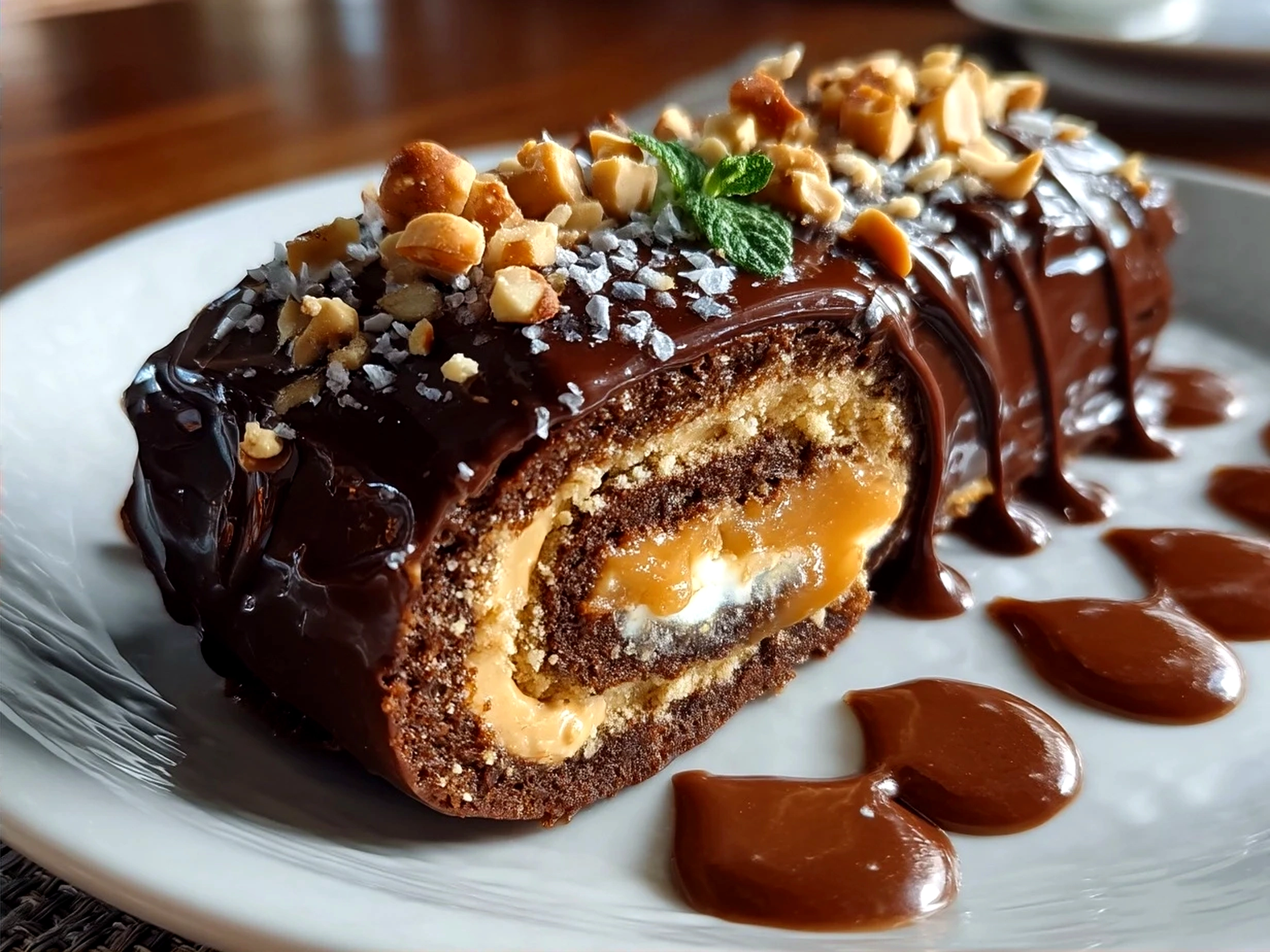 Sliced Peanut Butter Cup Chocolate Roll served on white plate ready to enjoy