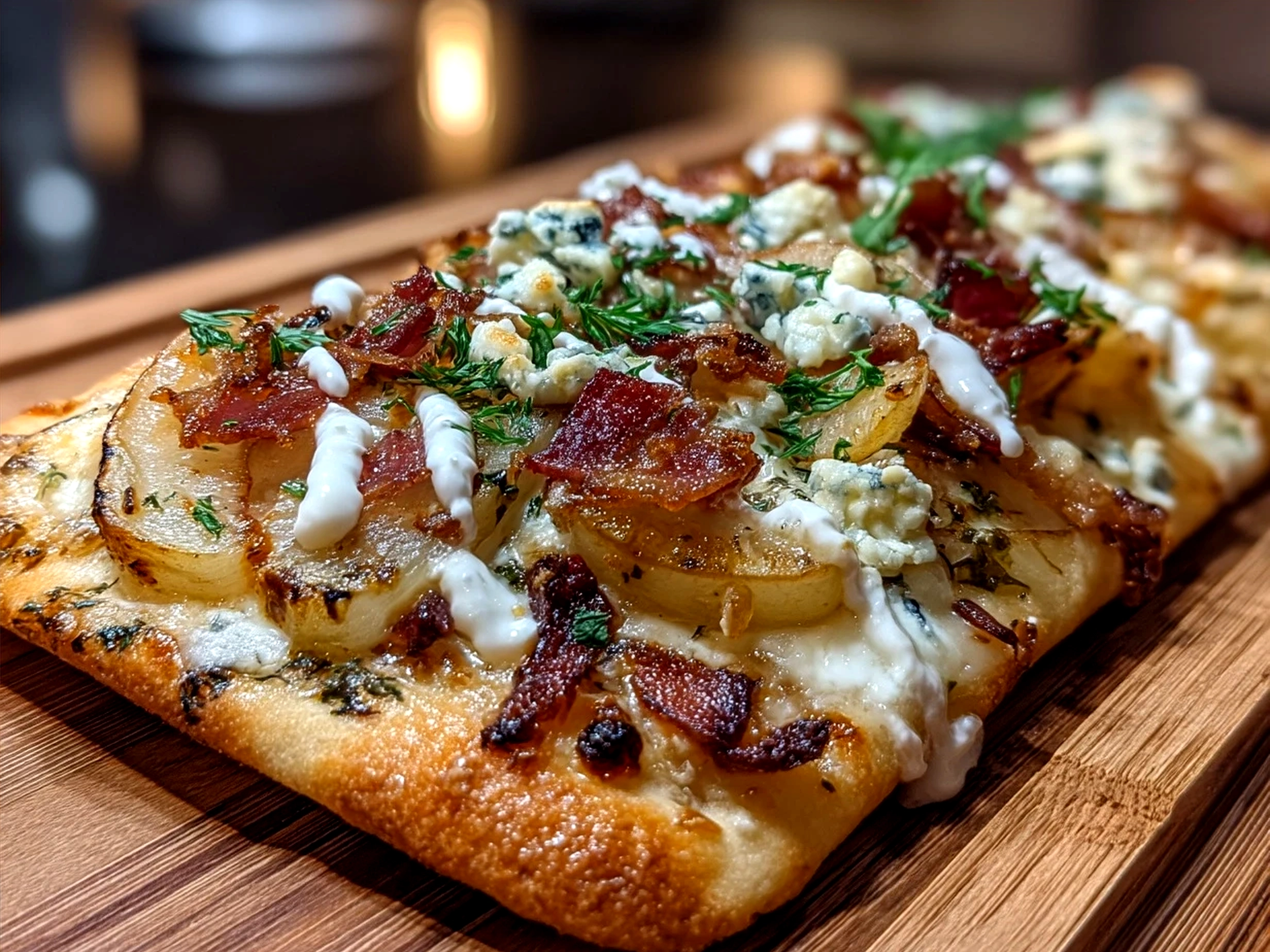 Freshly baked Pear Gorgonzola Flatbread topped with honey and arugula