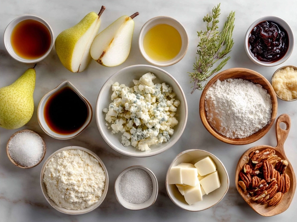 Ingredients for Pear Gorgonzola Flatbread including pears, gorgonzola, mozzarella and herbs