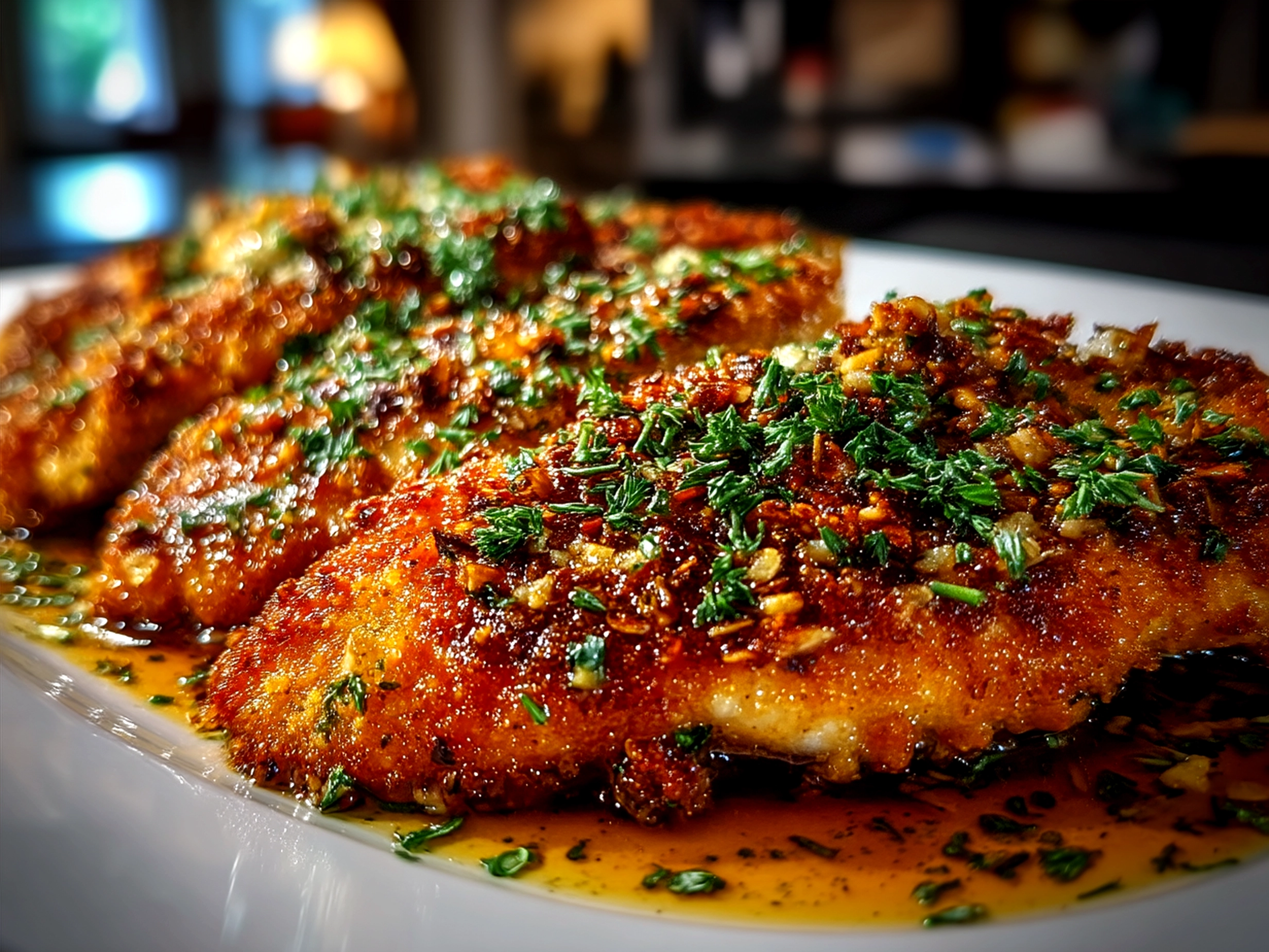 Beautifully plated Pecan Crusted Tilapia with side vegetables showing the golden crust texture