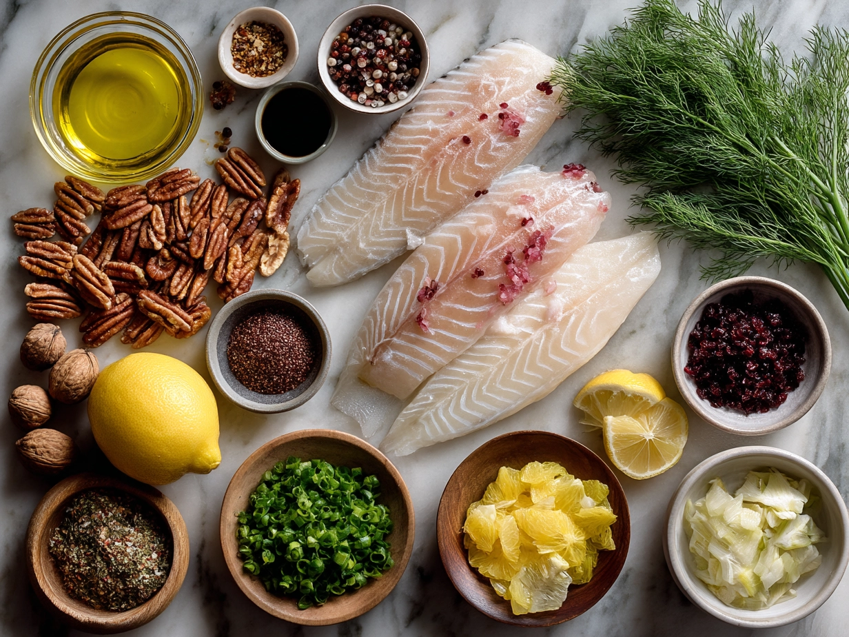 Ingredients for Pecan Crusted Tilapia including pecans, tilapia fillets, panko breadcrumbs, and spices