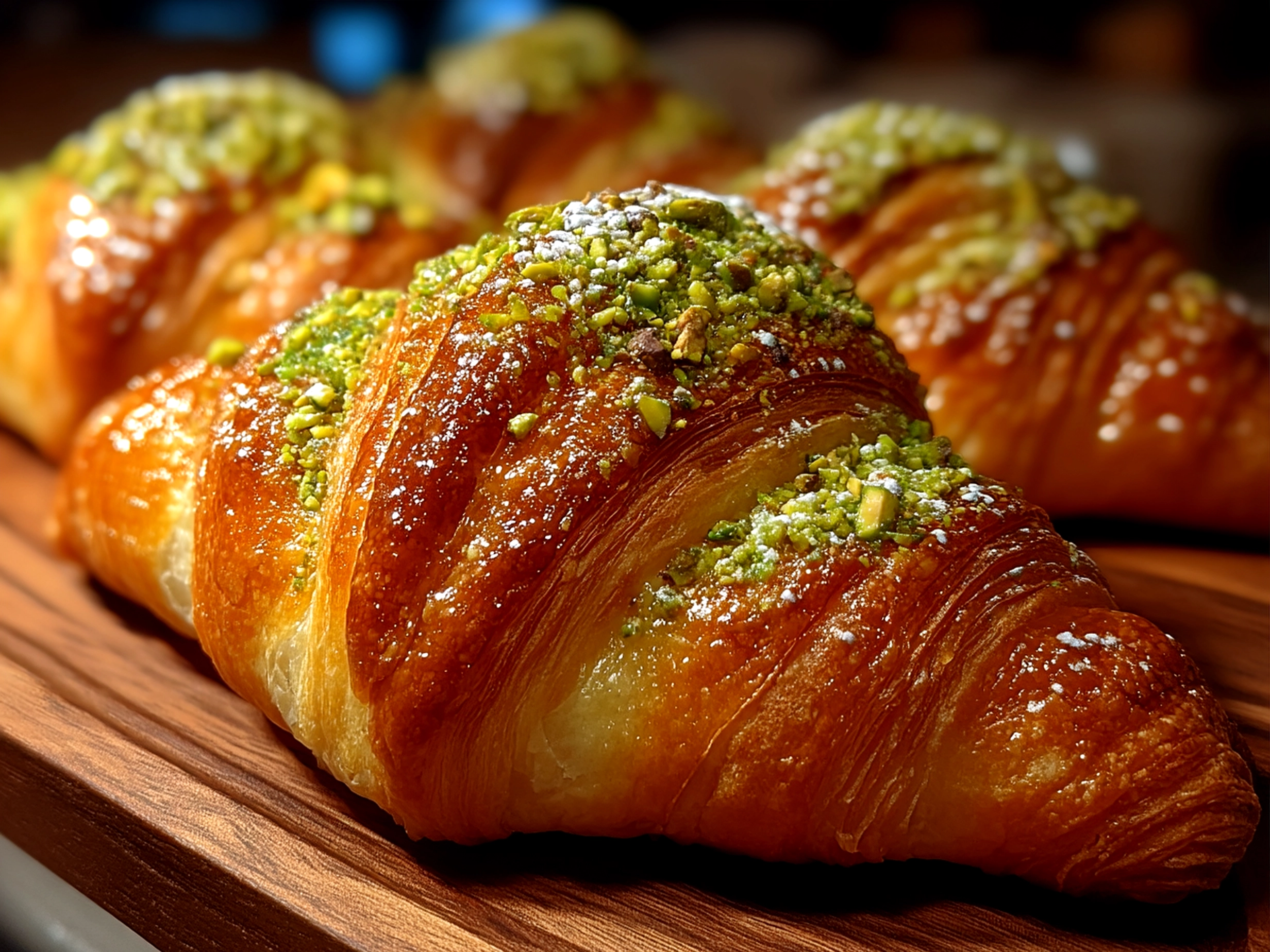 Freshly baked Pistachio Cream Croissants served on a plate ready to enjoy