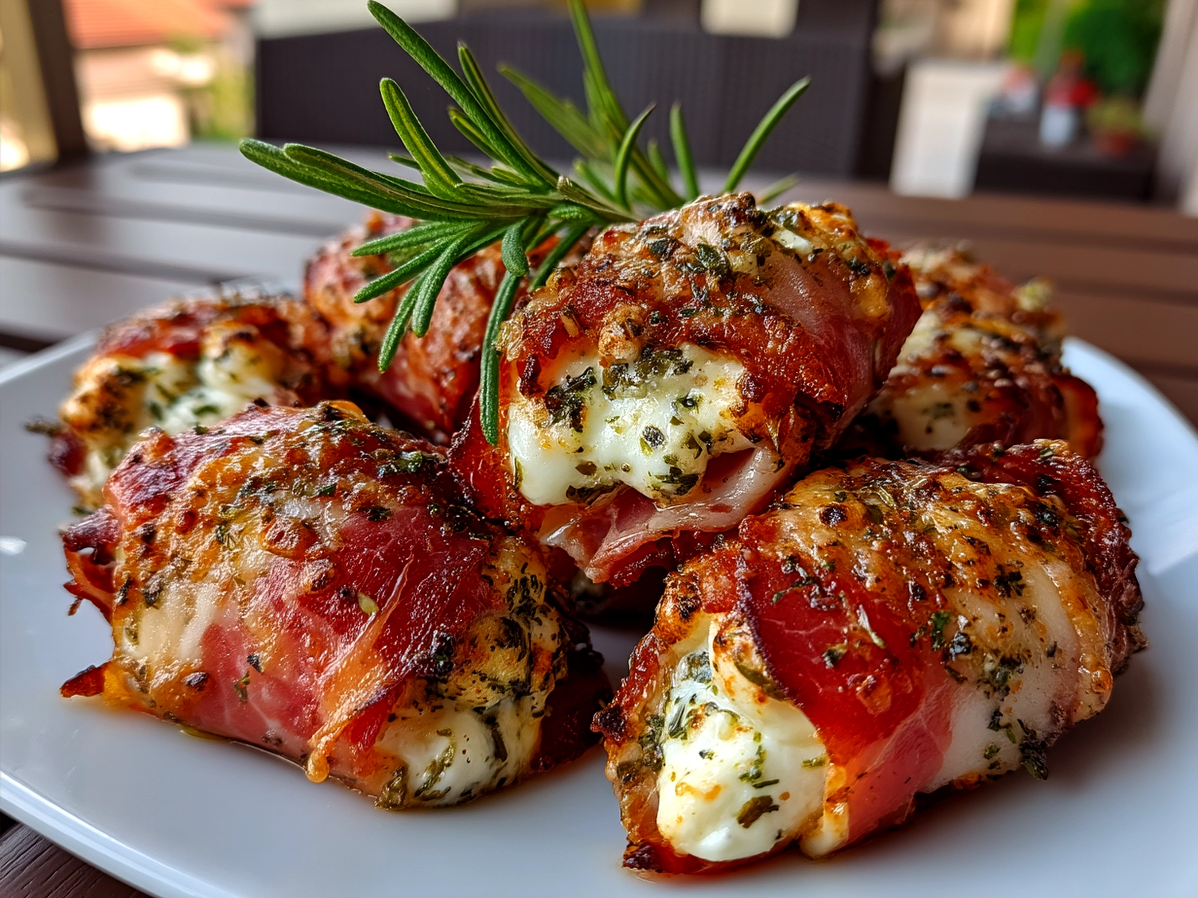 Served Prosciutto Wrapped Mozzarella Bites garnished with fresh basil on a charcuterie board