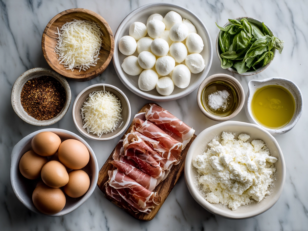 Ingredients for Prosciutto Wrapped Mozzarella Bites including fresh mozzarella balls, prosciutto slices, olive oil, and herbs