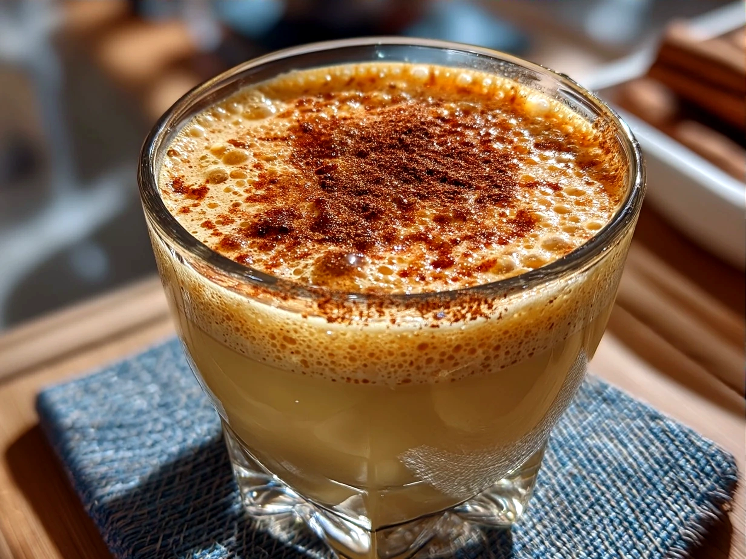 Chilled Puerto Rican Coquito served in small glass with cinnamon stick garnish