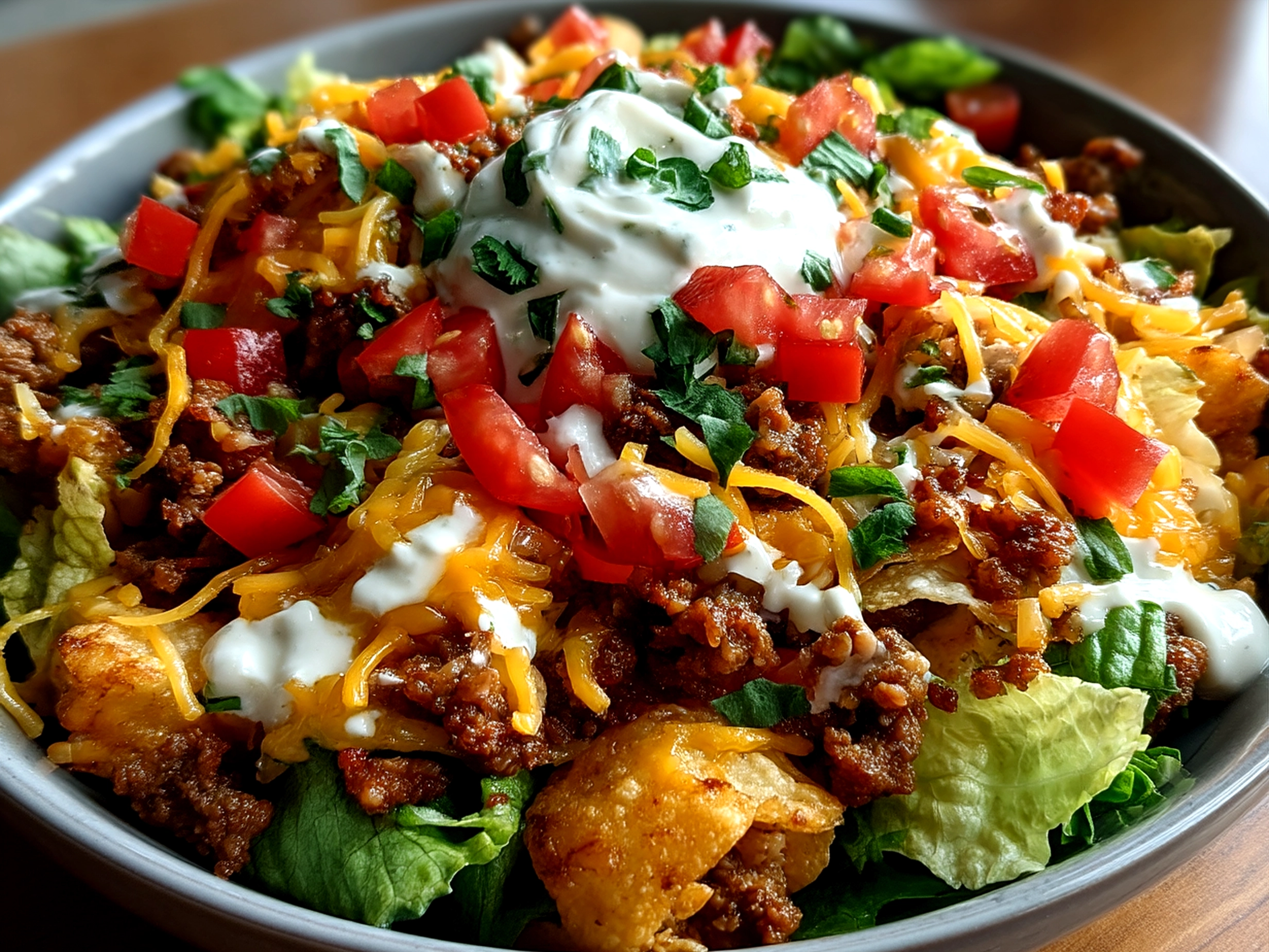 Completed Ranch Taco Party Bowl served in colorful bowl with lime wedge