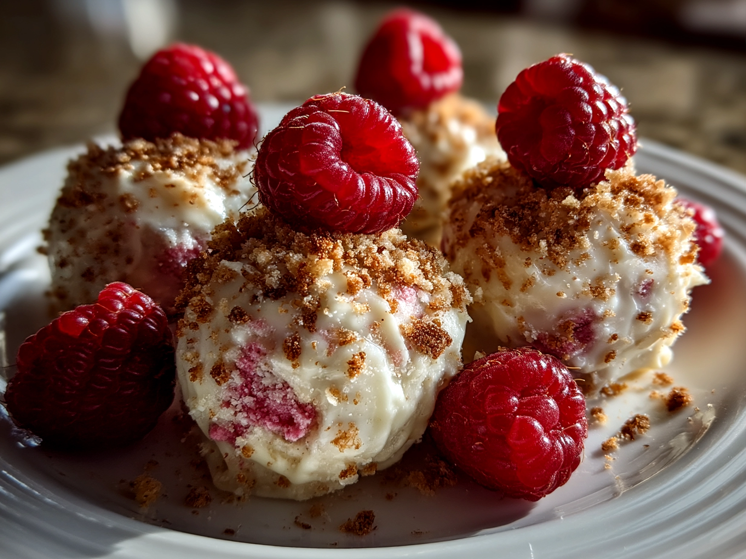 Plated Raspberry Cheesecake Truffles served with fresh berries