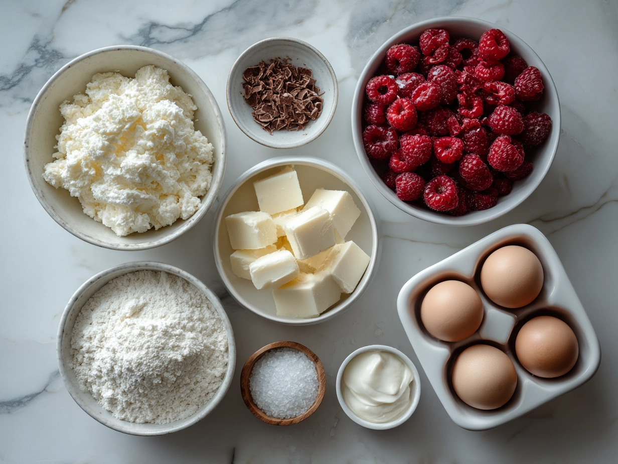 Ingredients for Raspberry Cheesecake Truffles including cream cheese, powdered sugar, freeze-dried raspberries, vanilla, white chocolate chips, and graham crackers