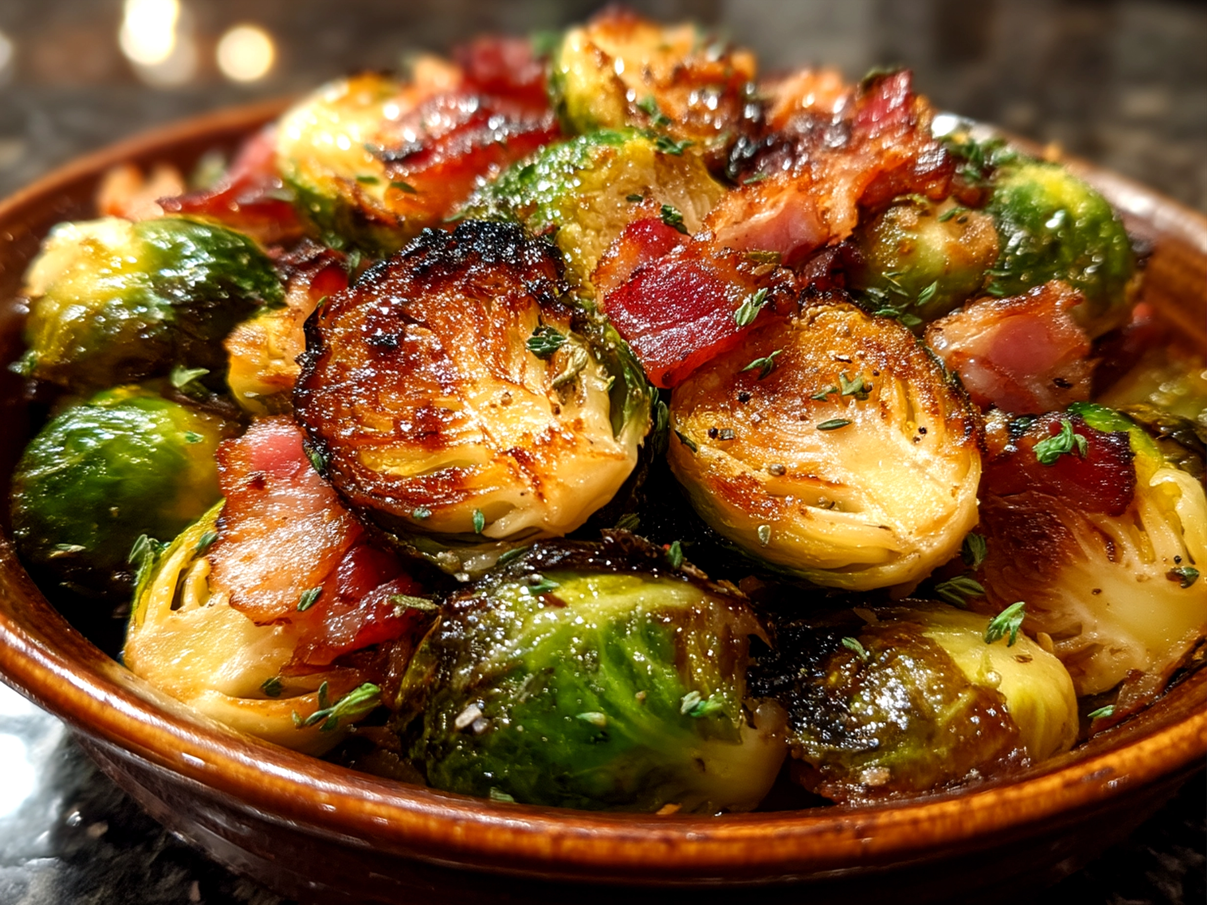 A rustic bowl of Roasted Brussels Sprouts with crispy bacon and a balsamic glaze ready to serve