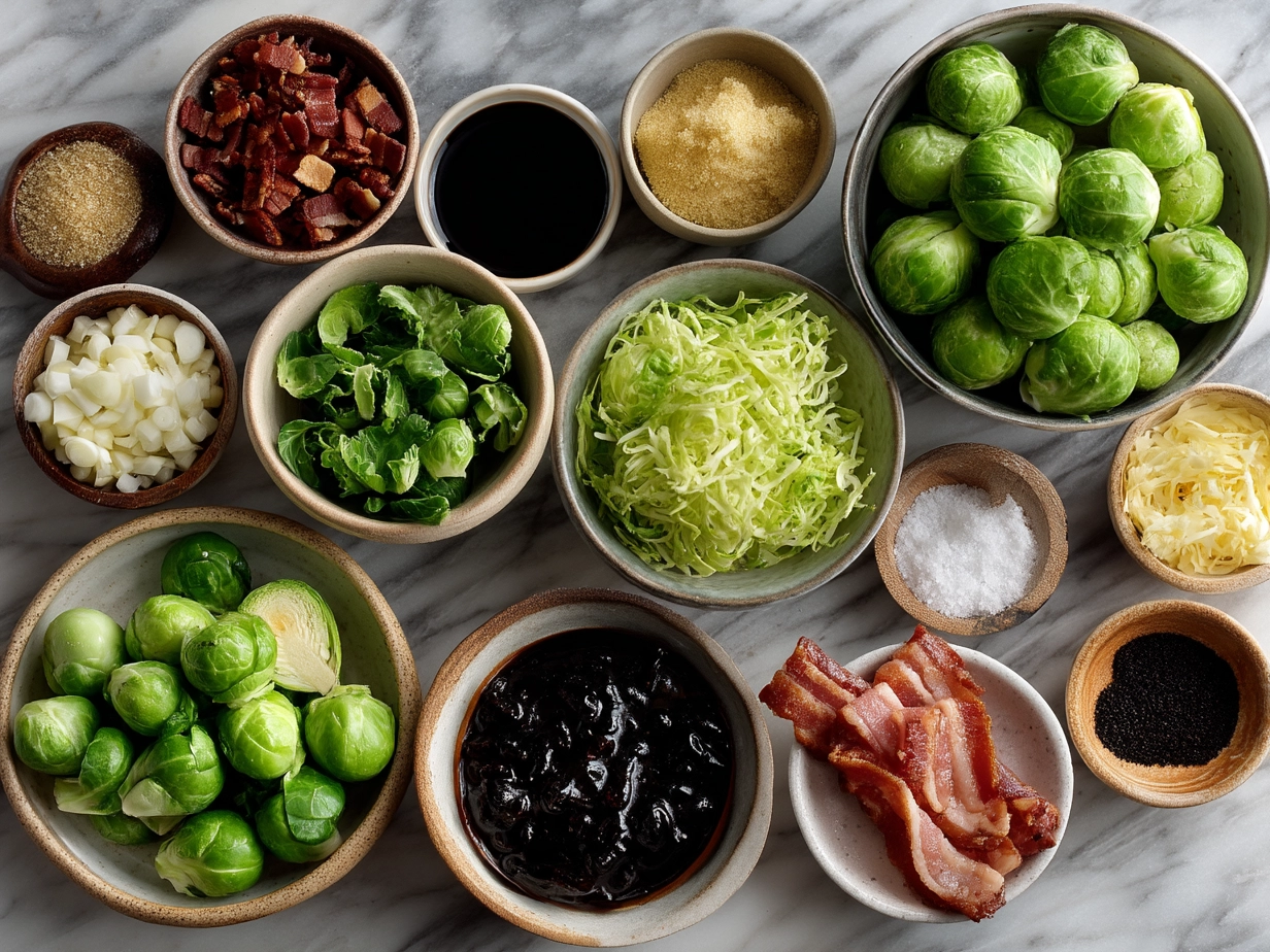Ingredients for Roasted Brussels Sprouts with Bacon and Balsamic Glaze including fresh Brussels sprouts, bacon, olive oil, balsamic vinegar, honey, garlic, and red pepper flakes