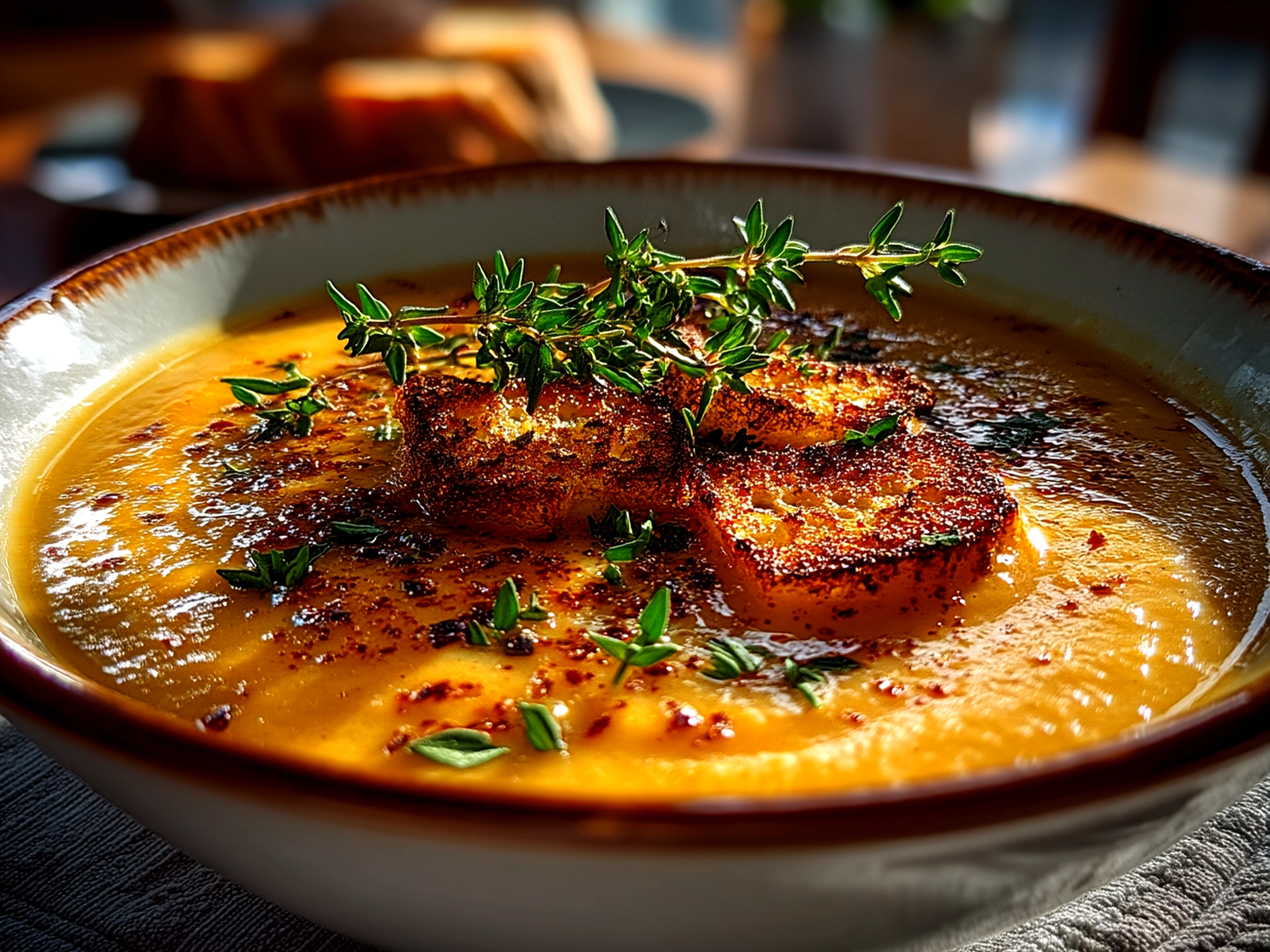Bowl of creamy Roasted Parsnip Soup with Thyme garnished with fresh herbs and served with bread
