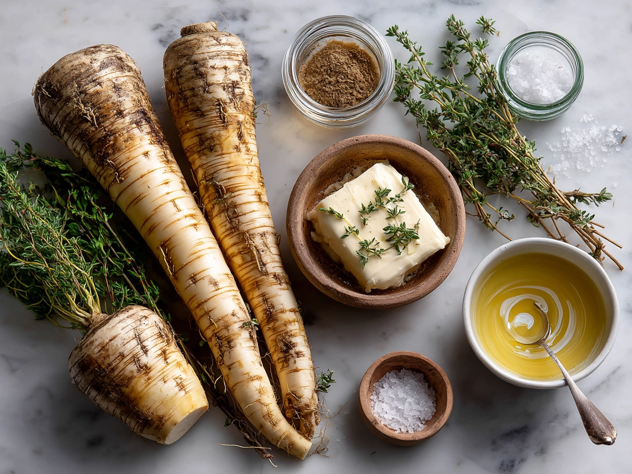 Ingredients for Roasted Parsnip Soup with Thyme laid out on a surface