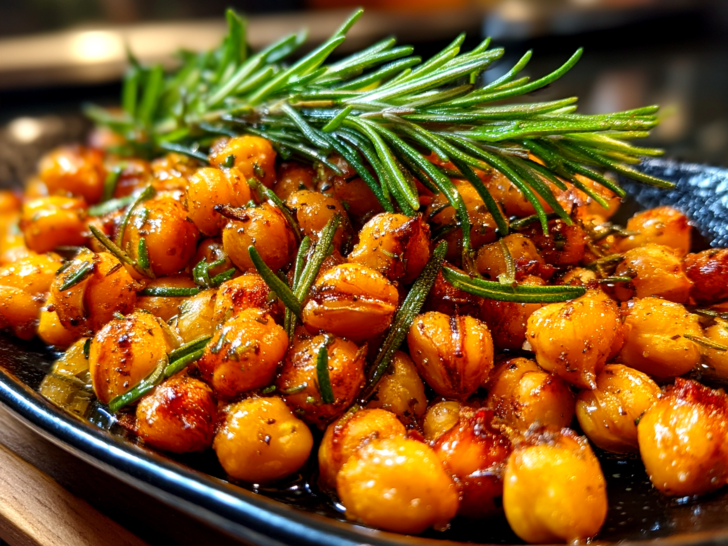 A bowl of golden rosemary lemon roasted chickpeas ready to serve
