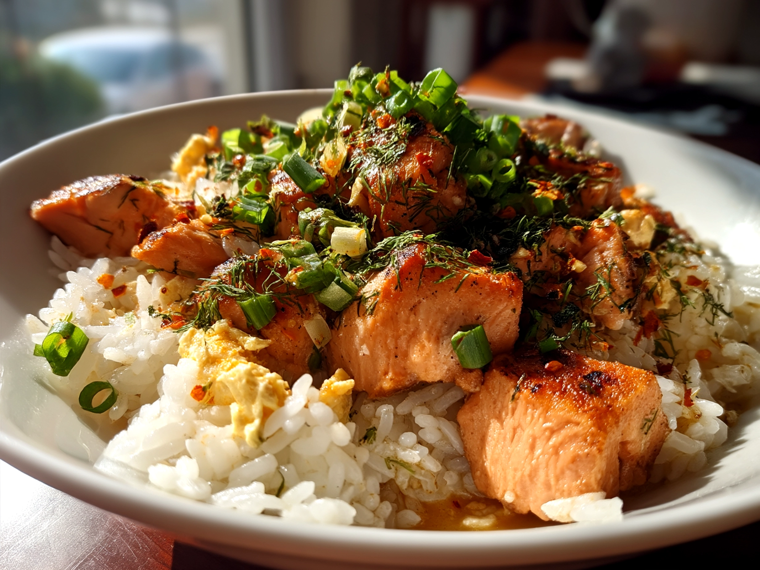 Assembled Salmon Rice Bowl with salmon, avocado, cucumber, scallions and sesame seeds