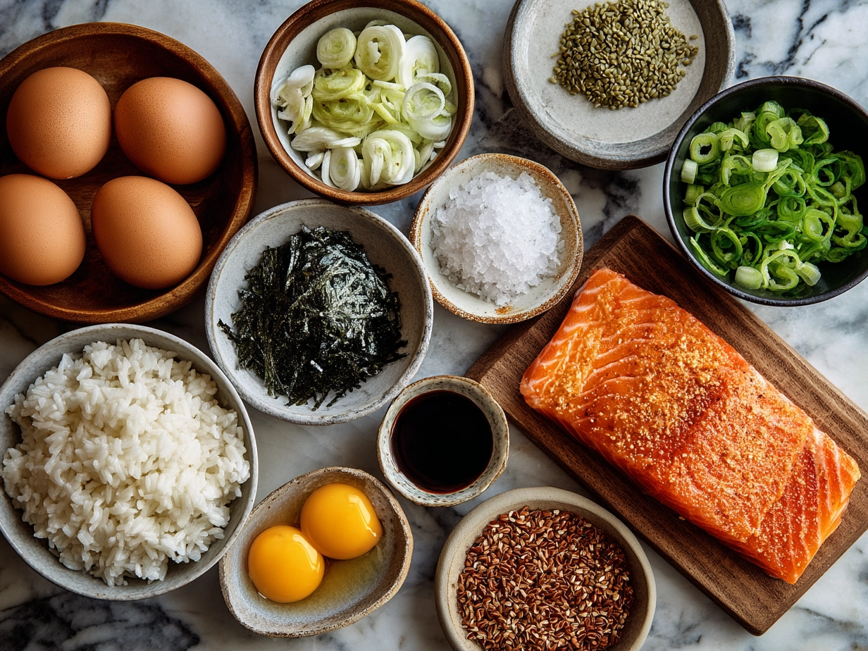 Ingredients for a Salmon Rice Bowl including salmon, rice, avocado, cucumber, scallions and seasonings