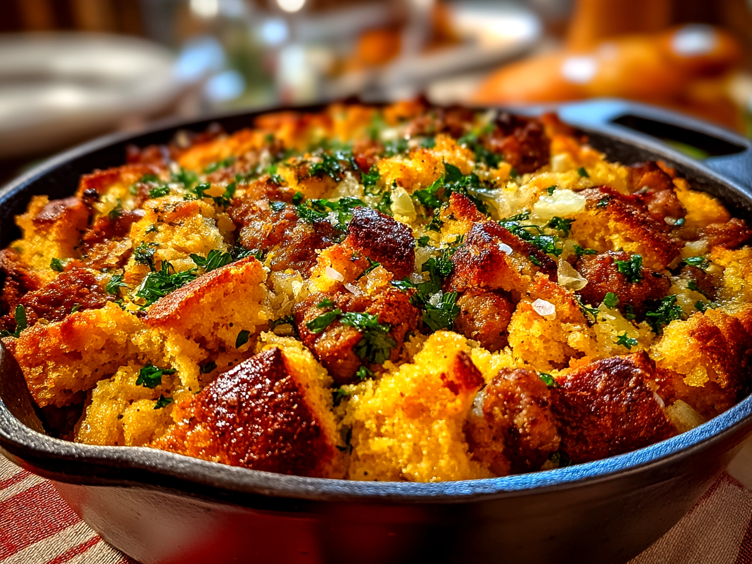 Serving Sausage Southern Cornbread Stuffing garnished with fresh parsley on a vibrant ceramic dish