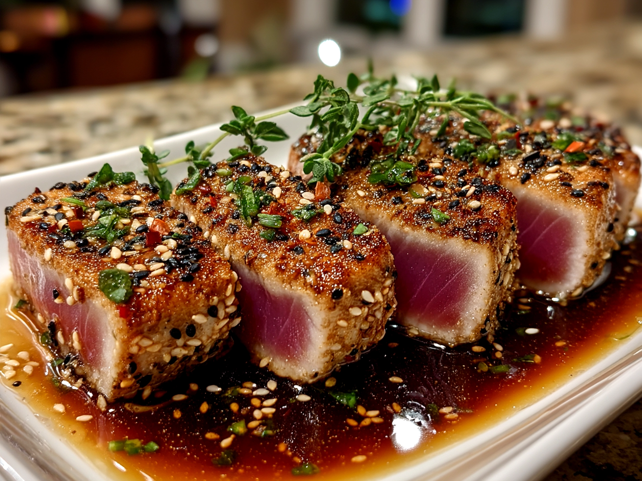 Plated Sesame Crusted Ahi Tuna with side of Asian slaw and steamed jasmine rice