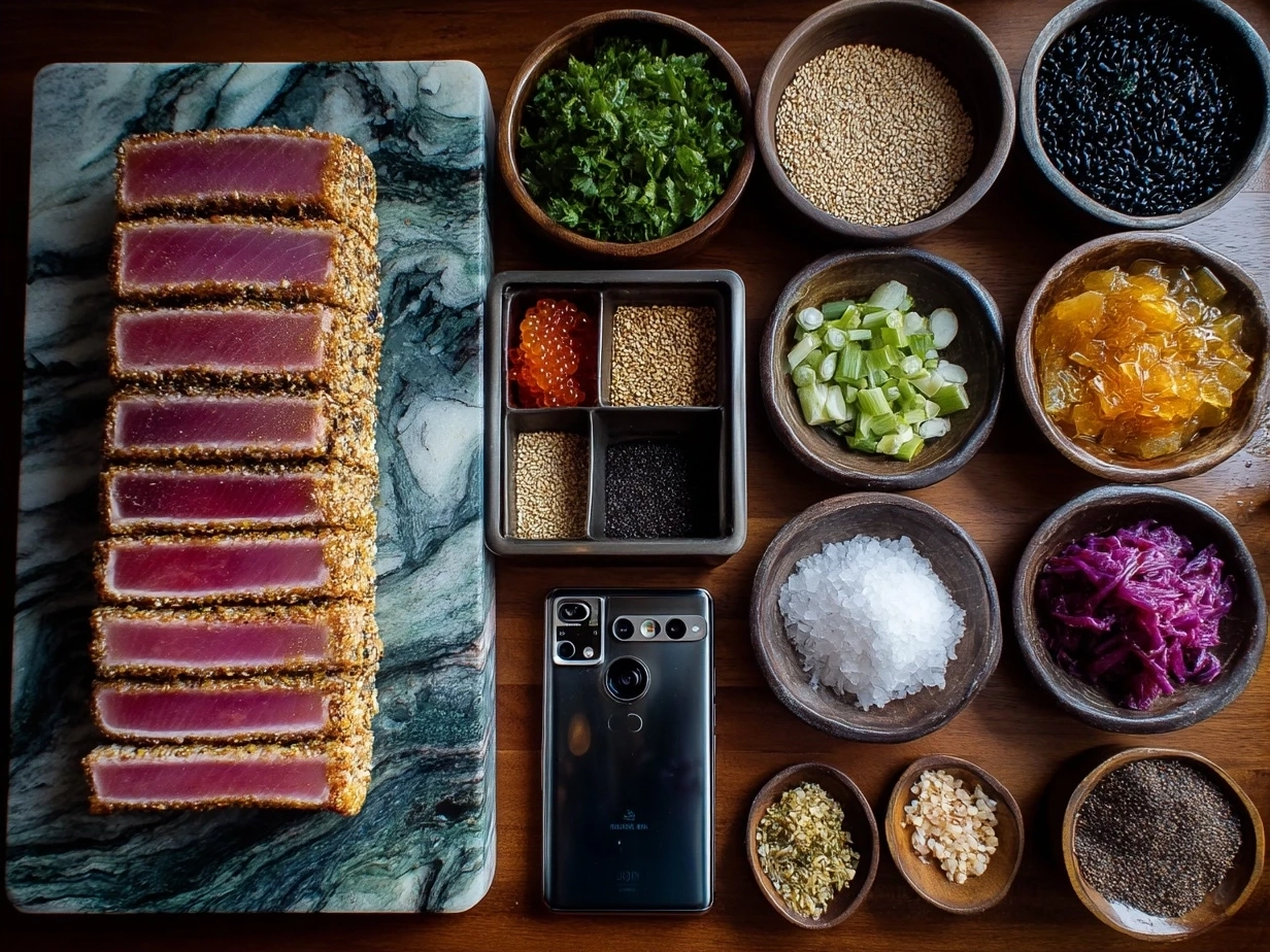 Ingredients for Sesame Crusted Ahi Tuna including ahi tuna steaks, sesame seeds, soy sauce, honey, and spices