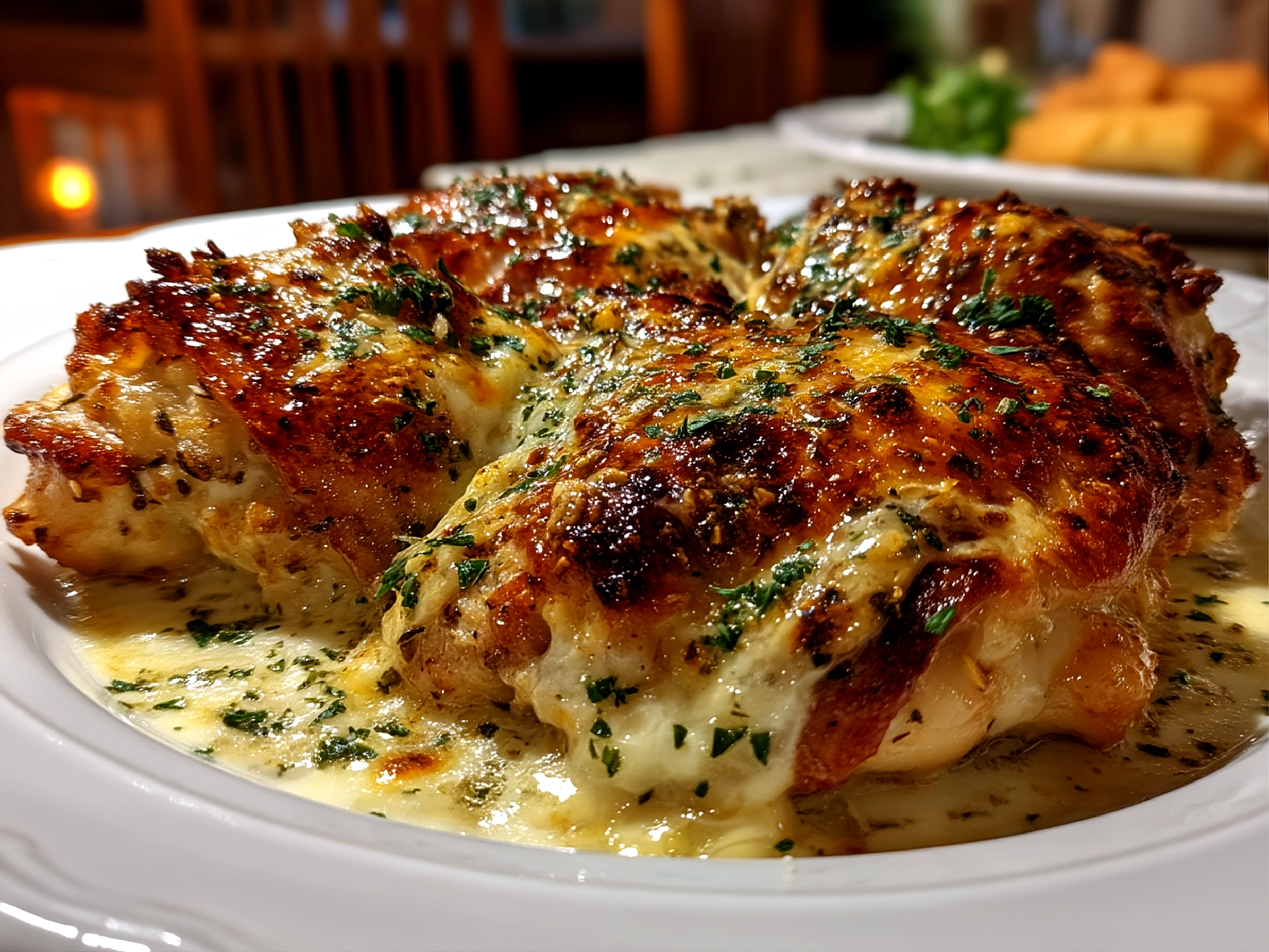 Close-up of finished Baked Caesar Chicken with Creamy Parmesan Sauce, golden and cheesy