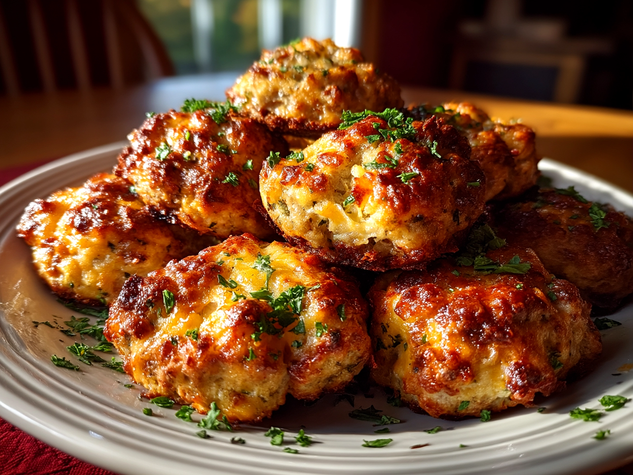 Slight angle close-up of finished Cheddar Bay Sausage Balls served on a plate