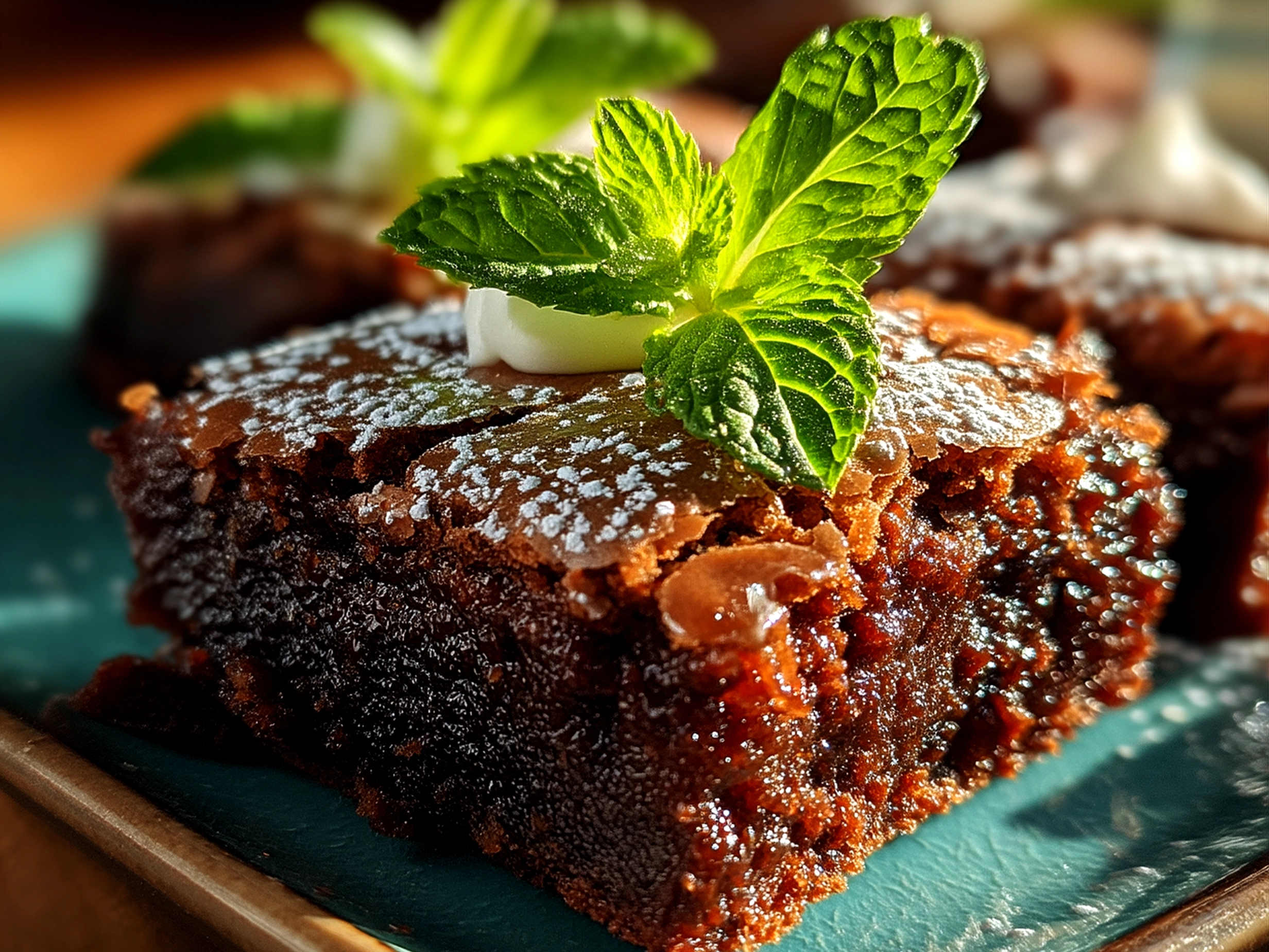 Slight angle close up of finished chocolate mint brownies