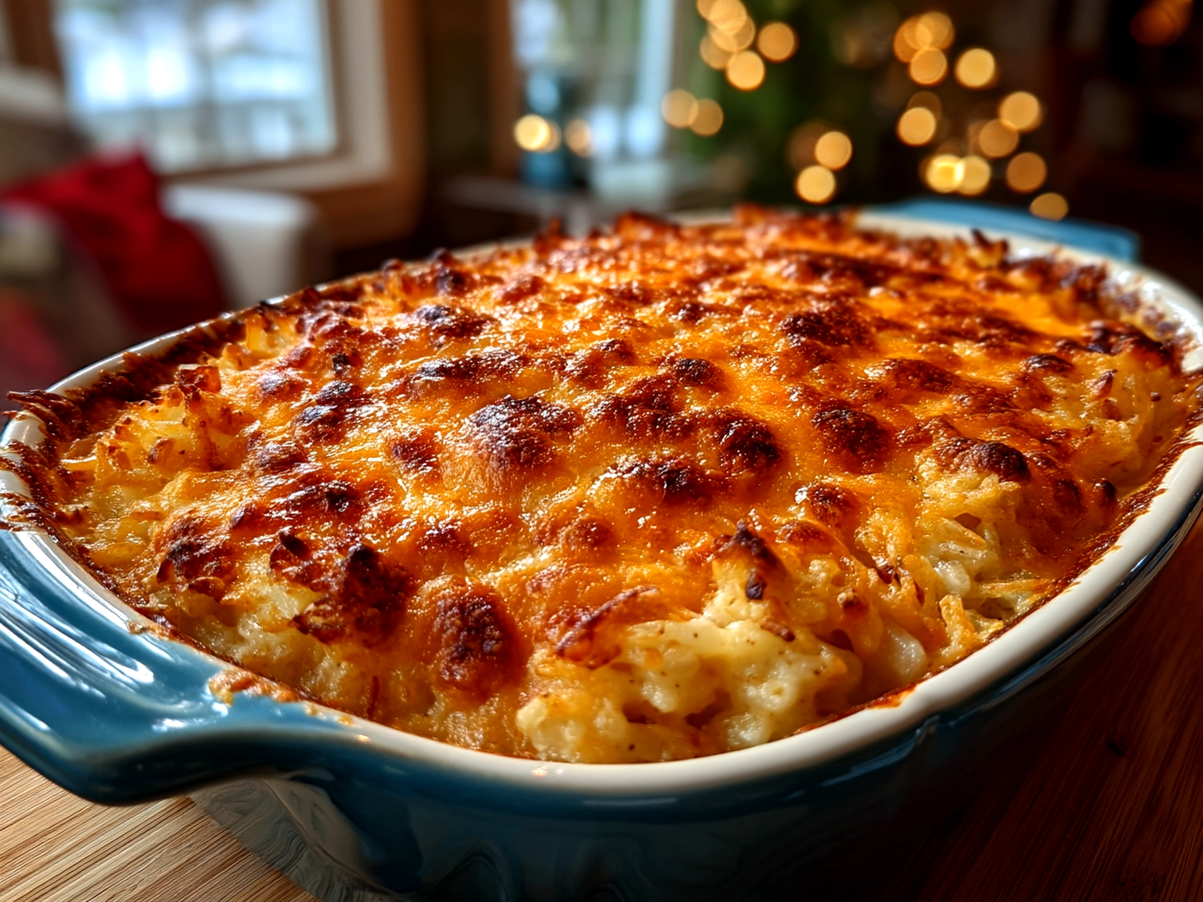 Close-up of finished Cheesy Funeral Potatoes with crispy golden surface