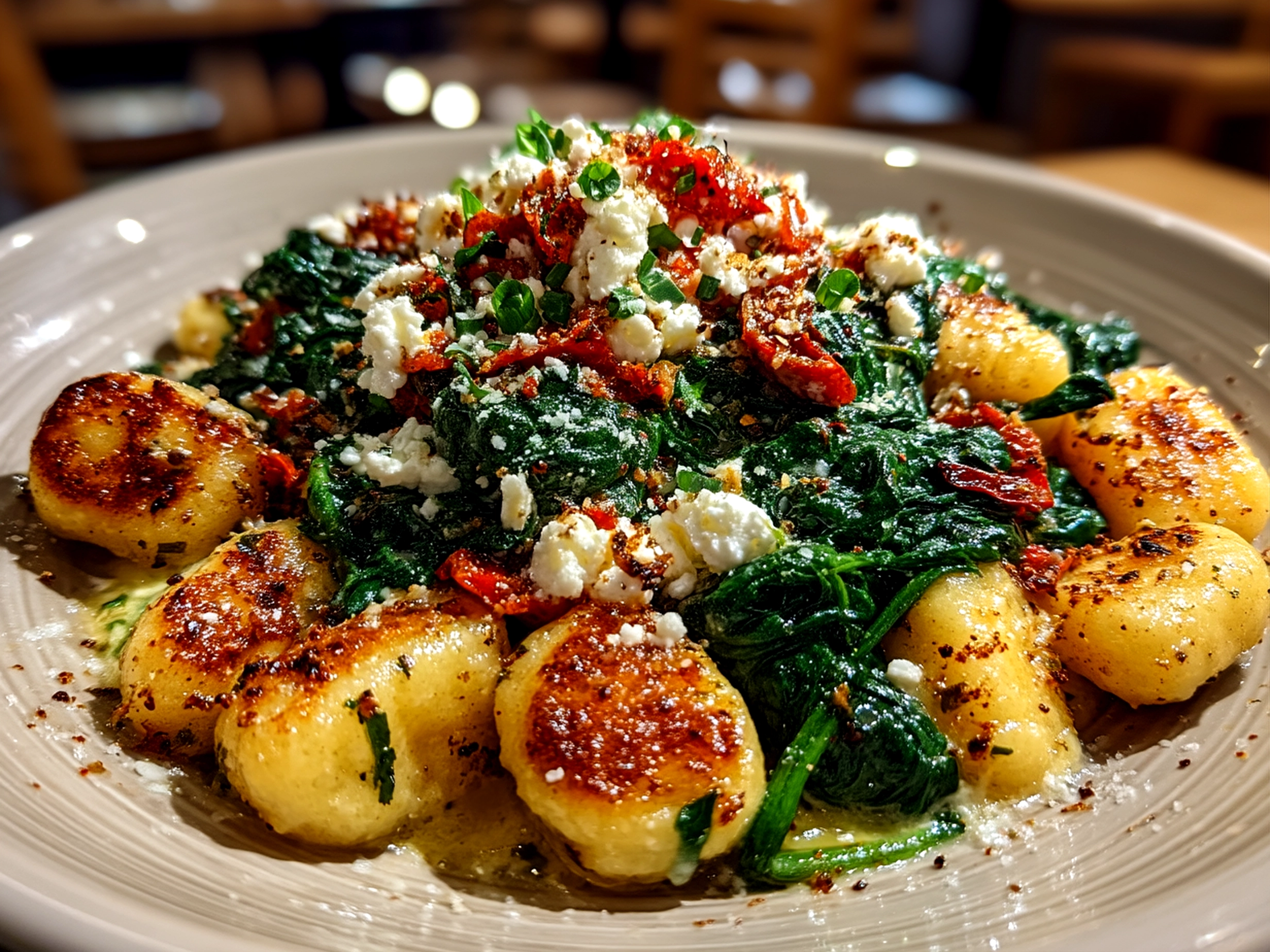 Slight angle close up finished comforting gnocchi with spinach and feta