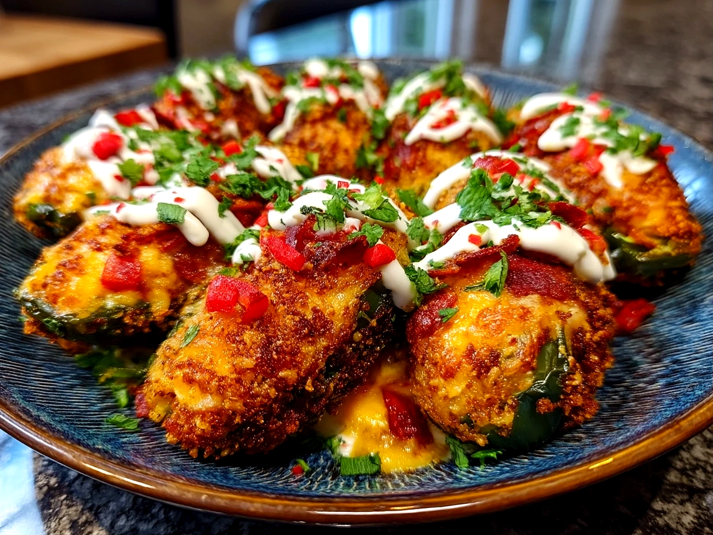 Slight angle close-up of finished comforting Jalapeno Poppers Nourish Bowl with rich inviting finish