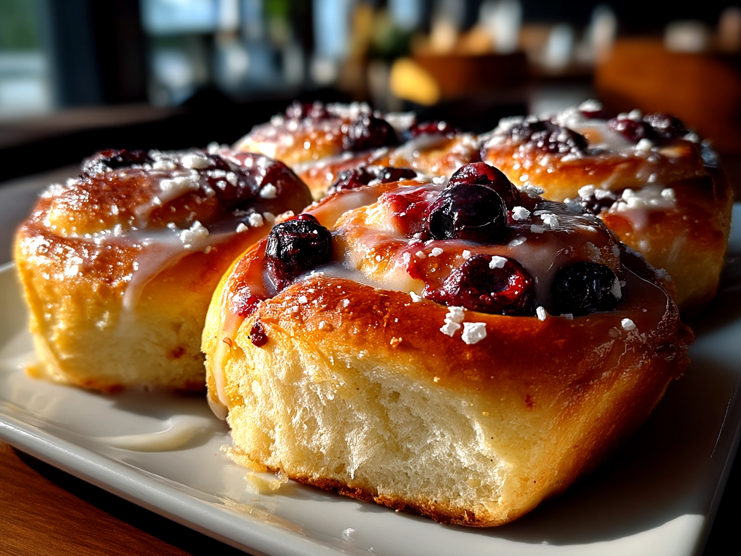 Slight angle close up finished comforting sourdough discard lemon blueberry rolls