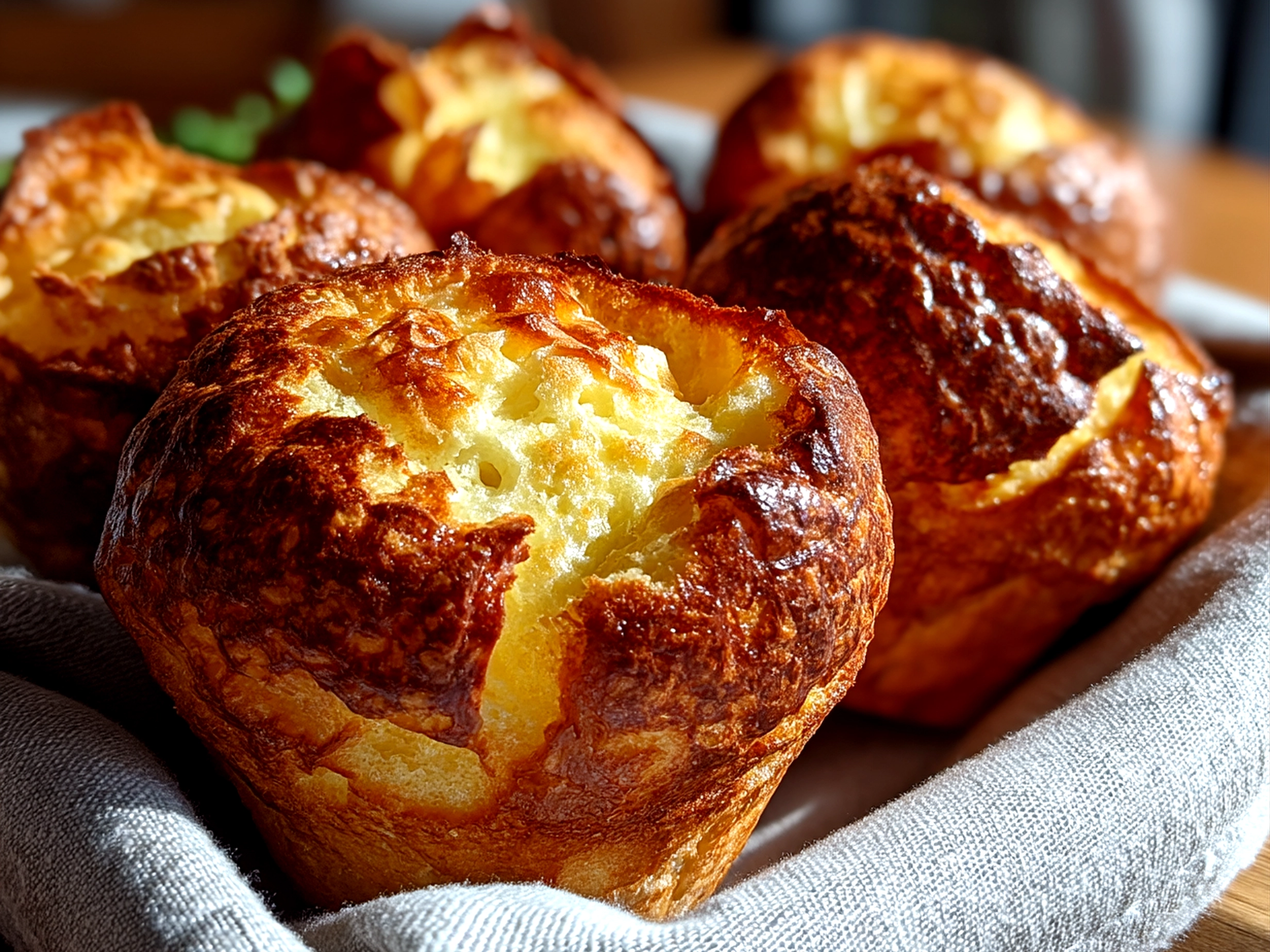 Slight angle close-up of finished comforting sourdough popovers