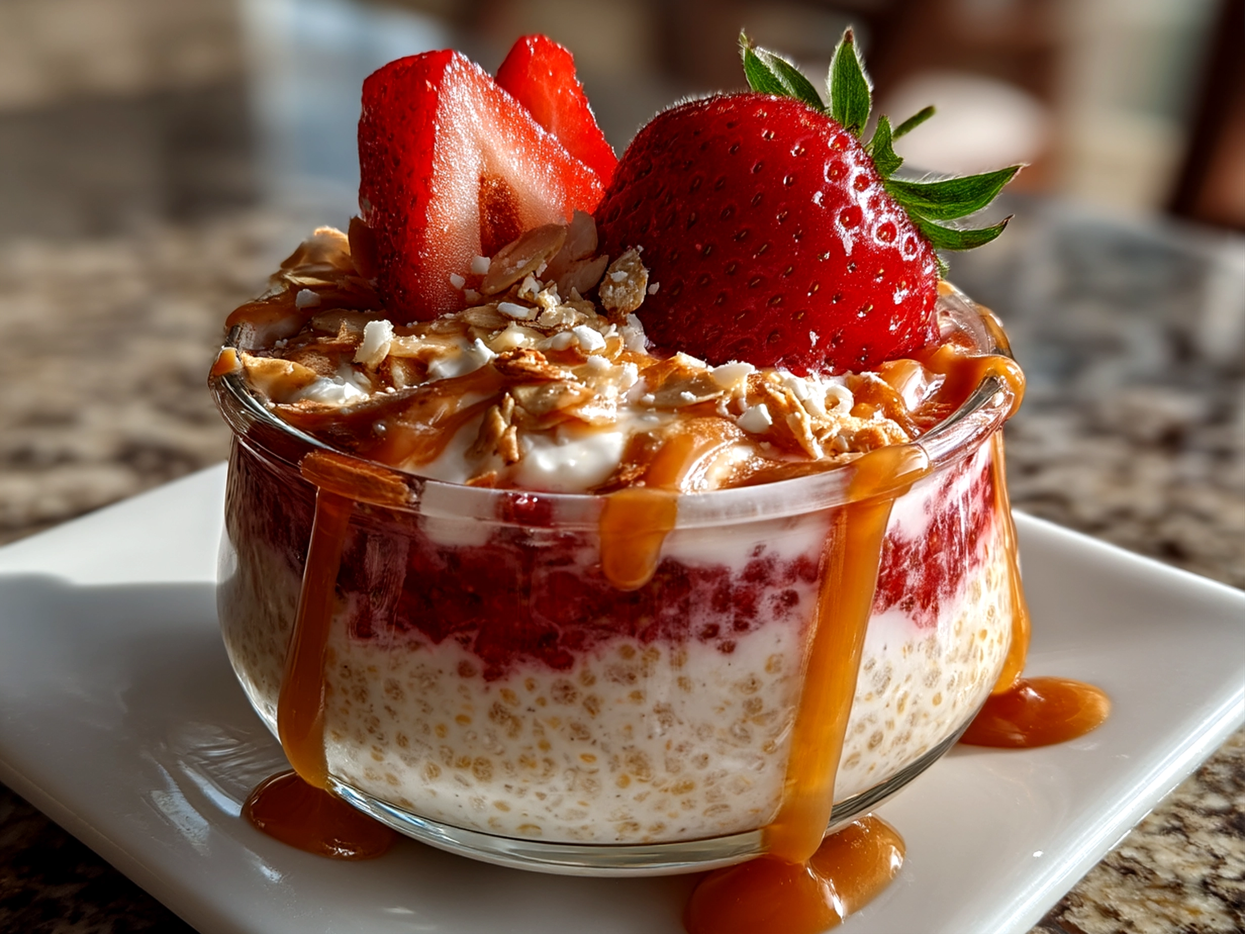 Slight angle close-up of finished comforting strawberry cheesecake overnight oats