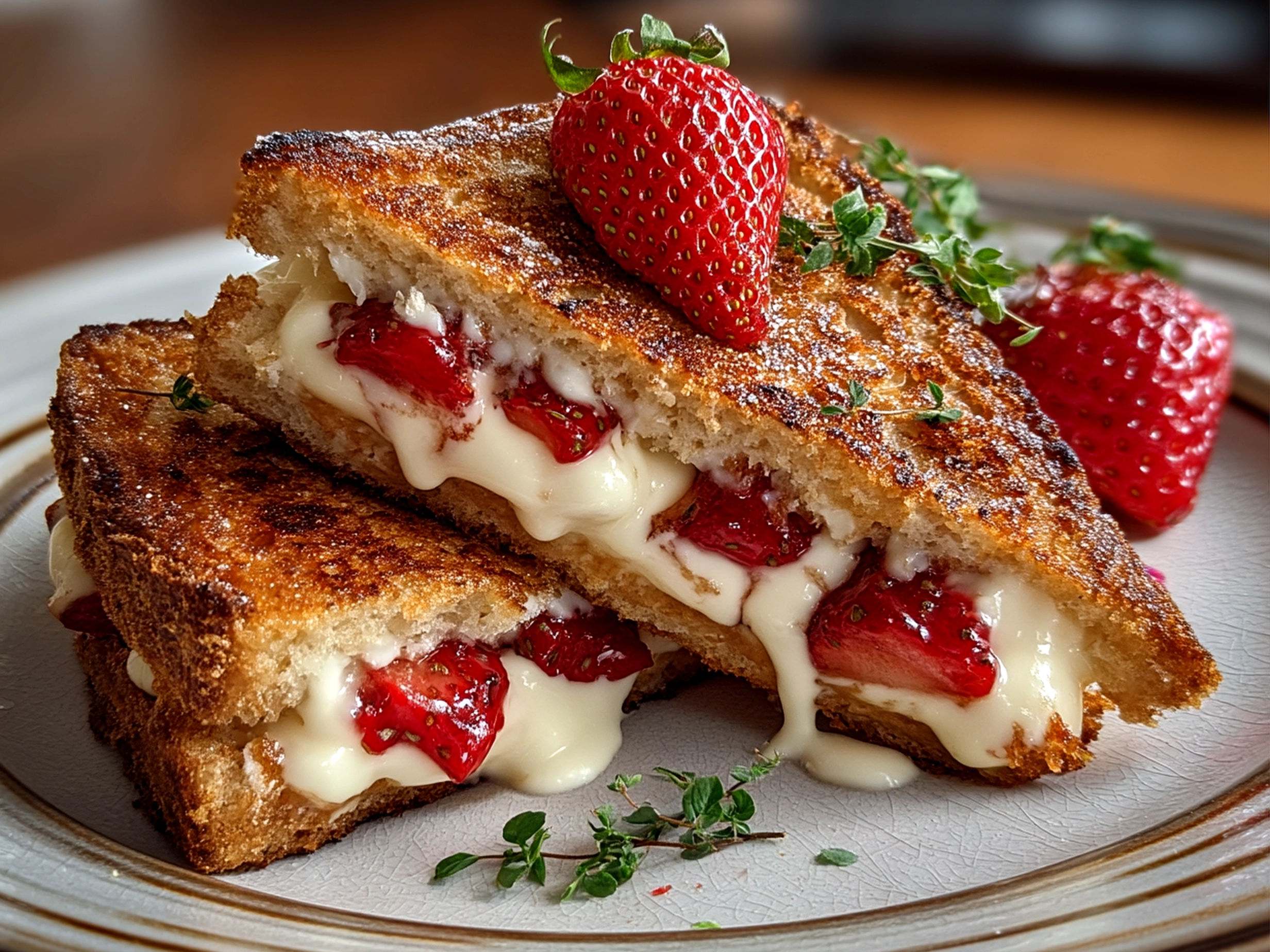 Slight angle close-up of finished crispy strawberry cheesecake sandwich with fresh strawberry filling