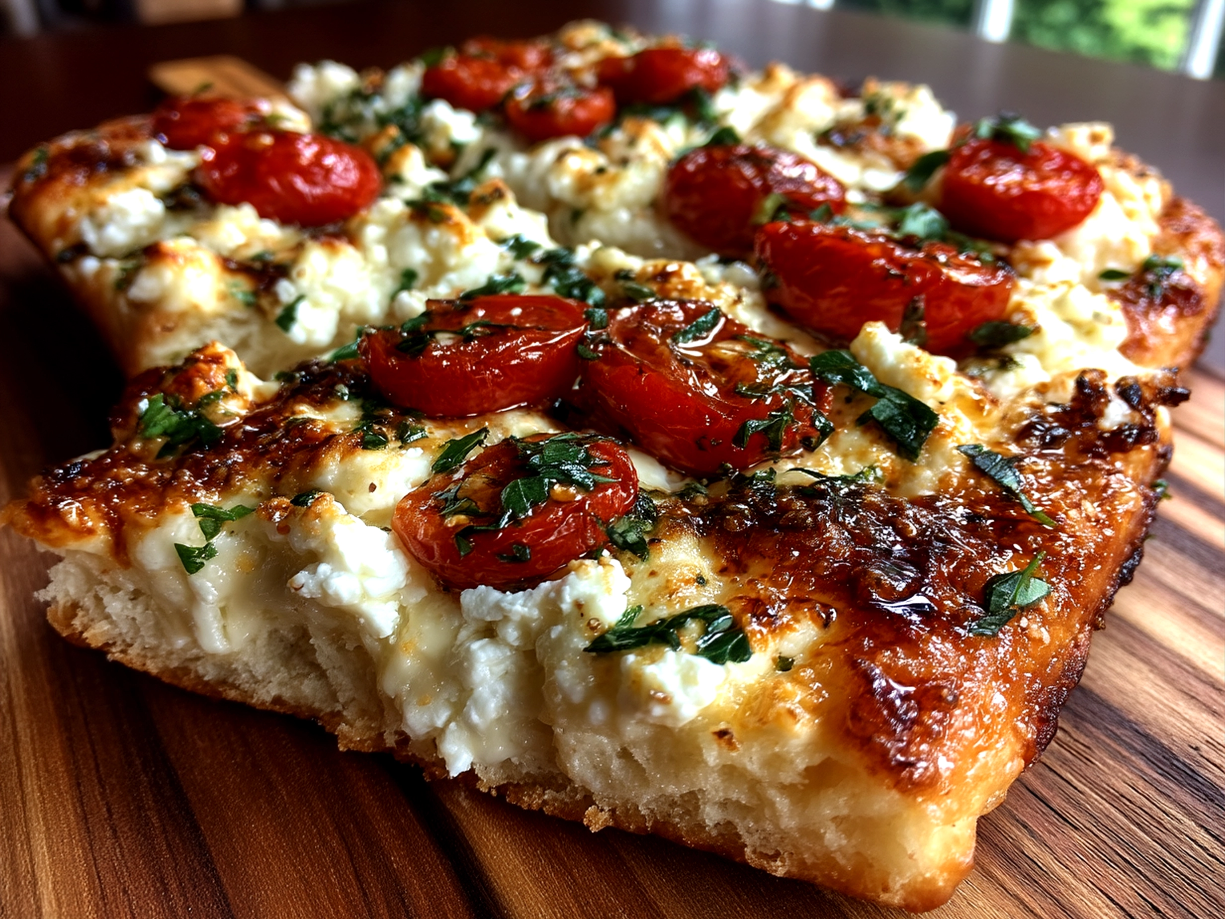 Close up of finished delicious cottage cheese flatbread pizza served on rustic plate