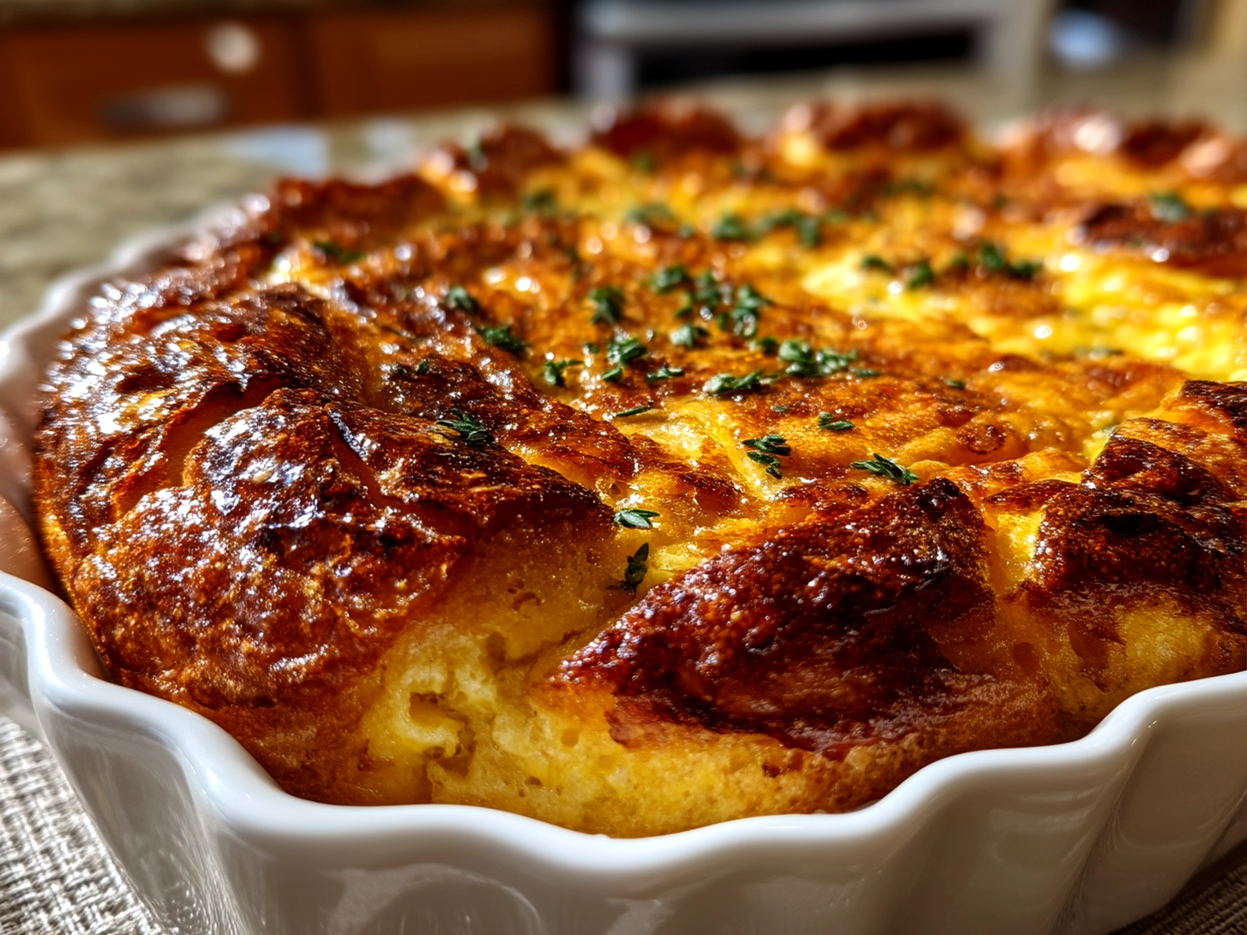 Slight angle close-up of finished delicious croissant breakfast casserole
